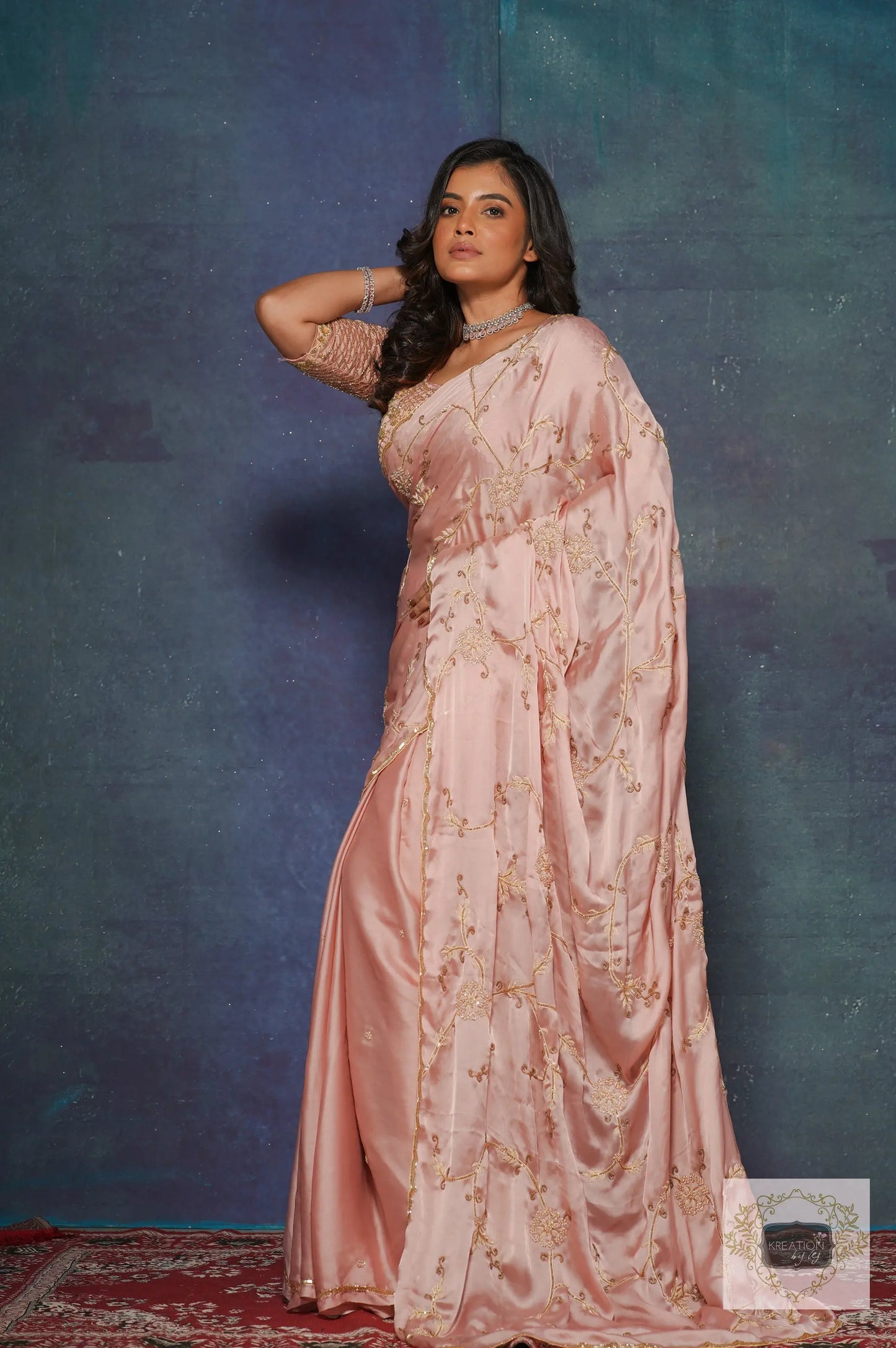 Onion Pink Crepe Silk Zardozi Jaal Saree kreationbykj