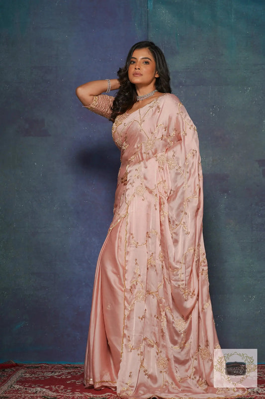 Onion Pink Crepe Silk Zardozi Jaal Saree kreationbykj