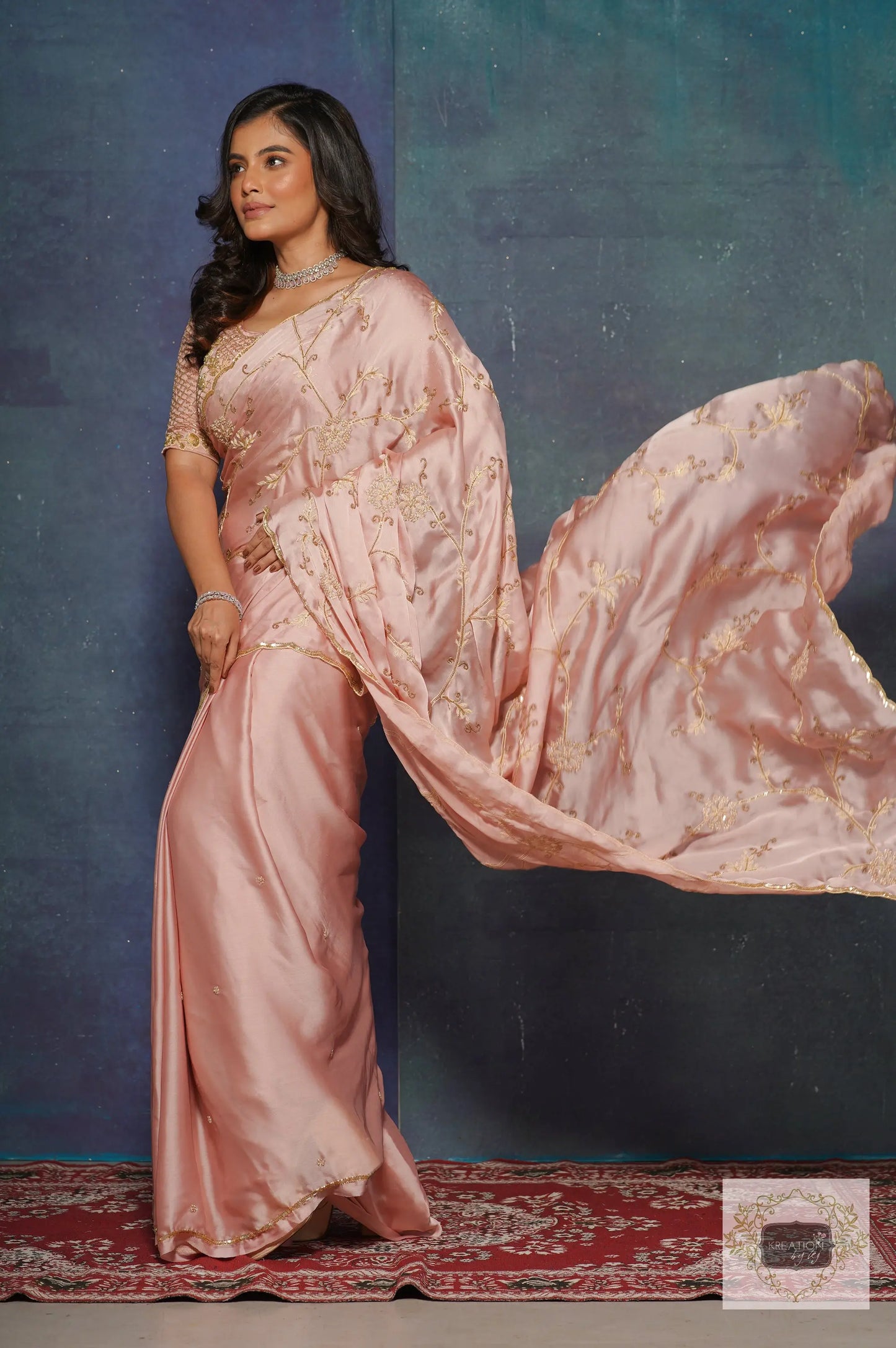 Onion Pink Crepe Silk Zardozi Jaal Saree kreationbykj