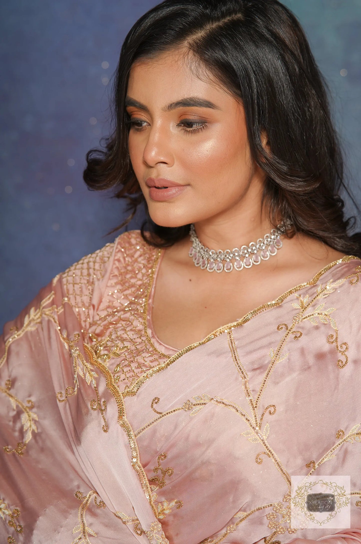 Onion Pink Crepe Silk Zardozi Jaal Saree kreationbykj