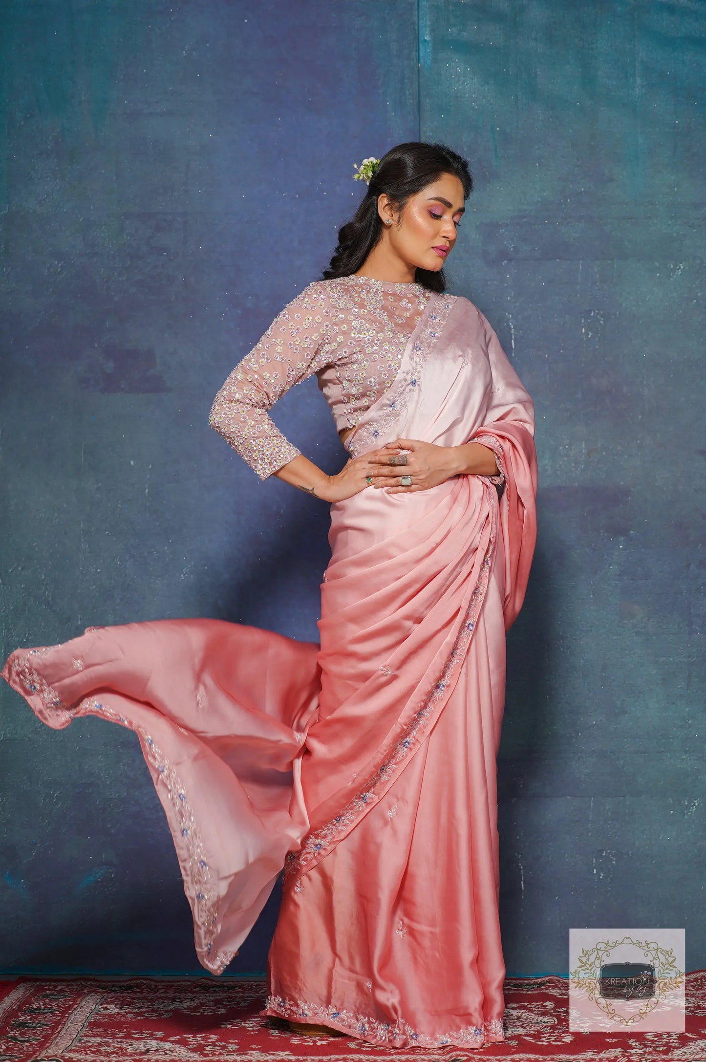 Strawberry Ombre Chandani Saree with Starry Blouse kreationbykj