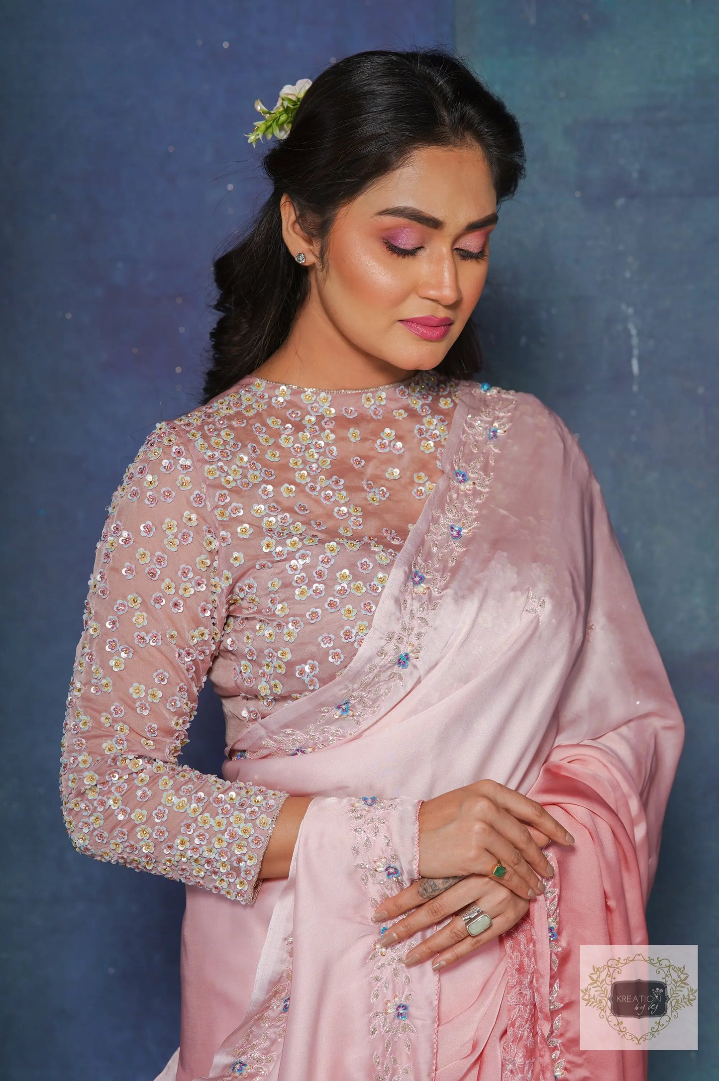 Strawberry Ombre Chandani Saree with Starry Blouse kreationbykj