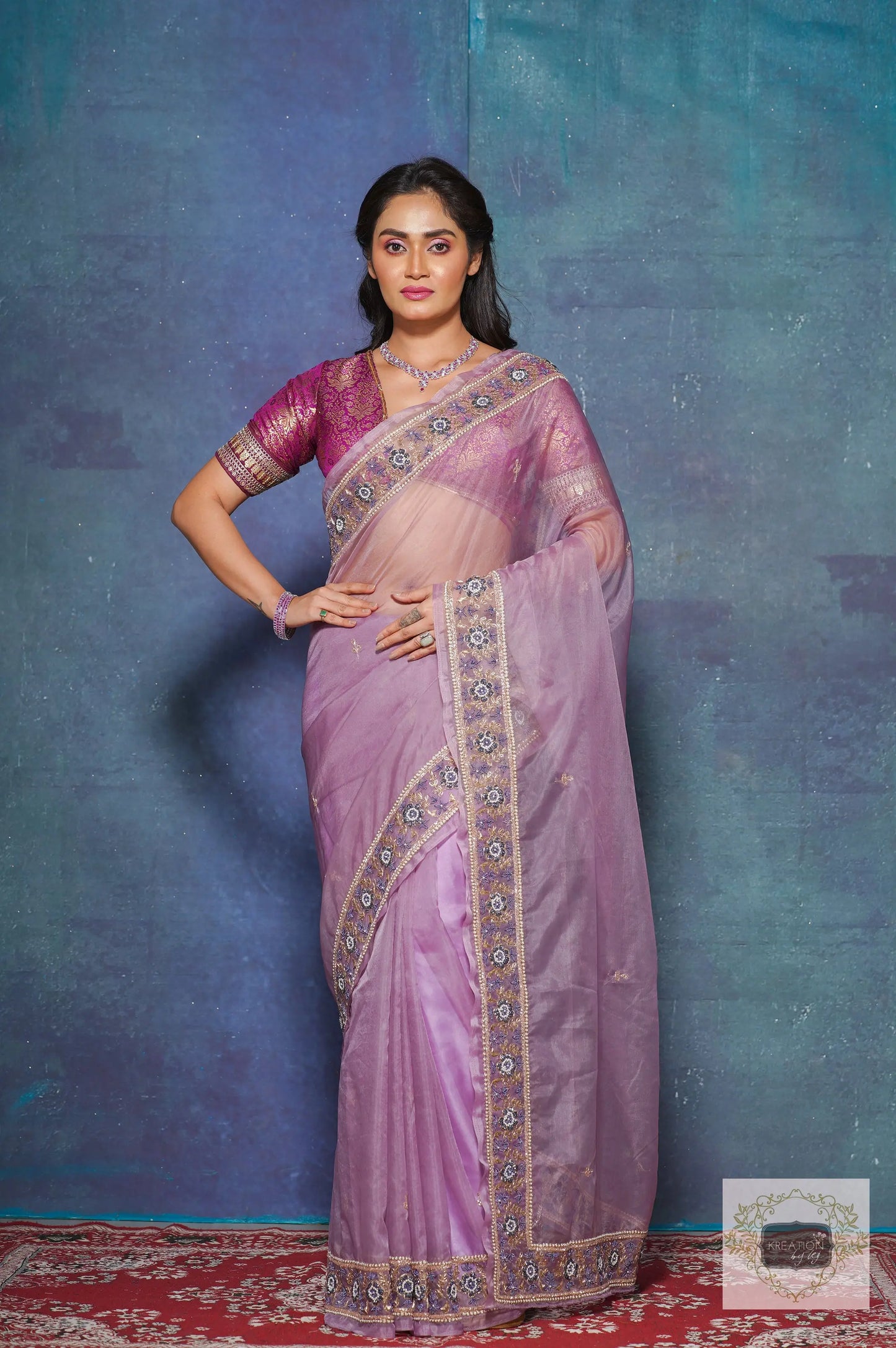 Lavender Passiflora Organza Saree kreationbykj