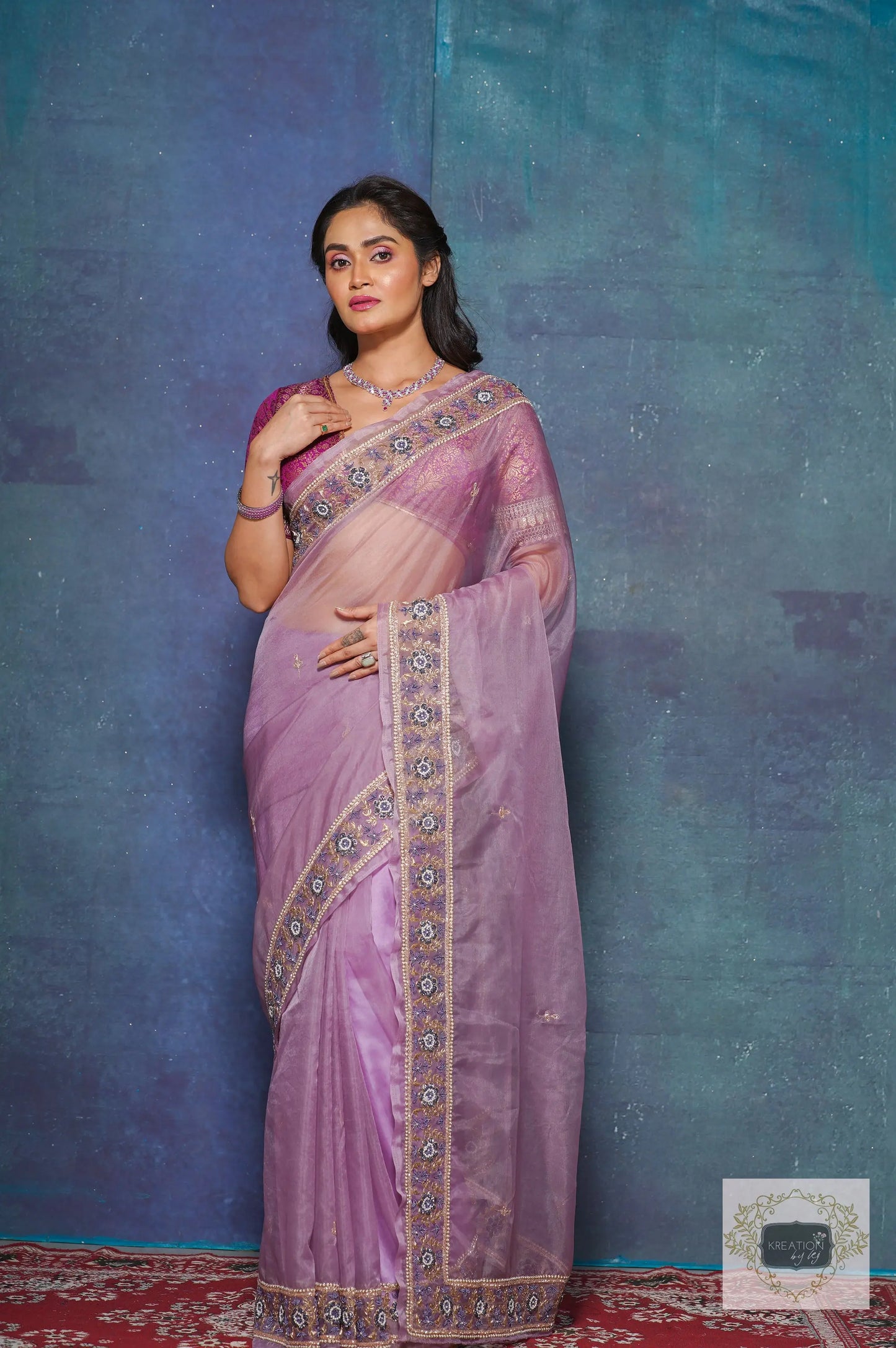 Lavender Passiflora Organza Saree kreationbykj