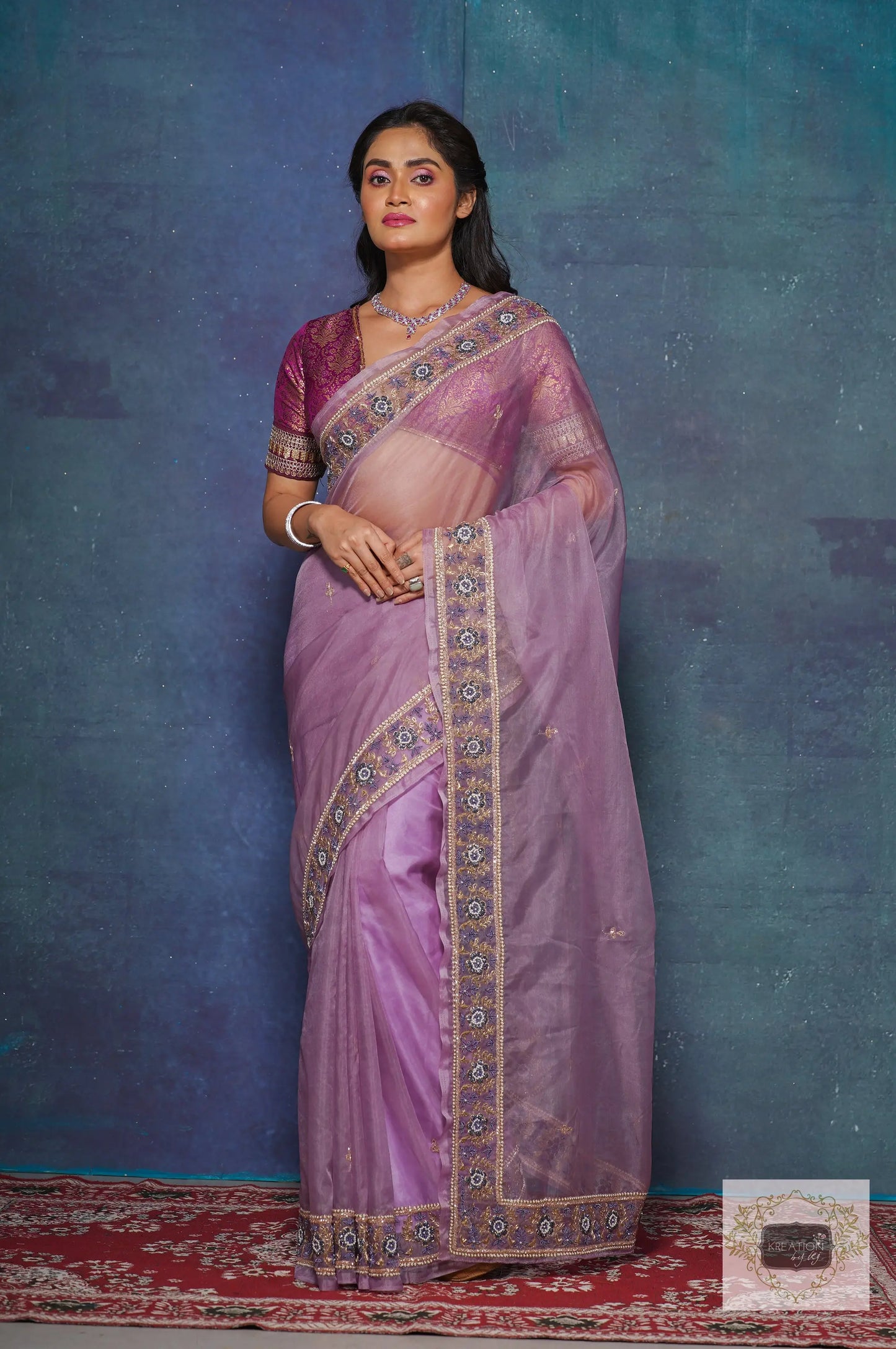 Lavender Passiflora Organza Saree kreationbykj