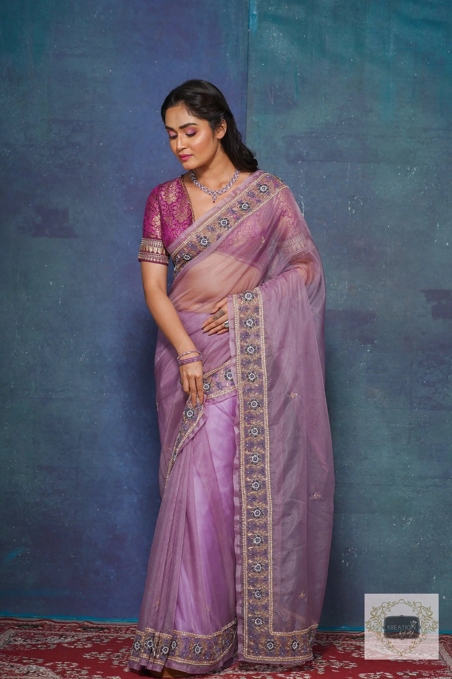 Lavender Passiflora Organza Saree kreationbykj