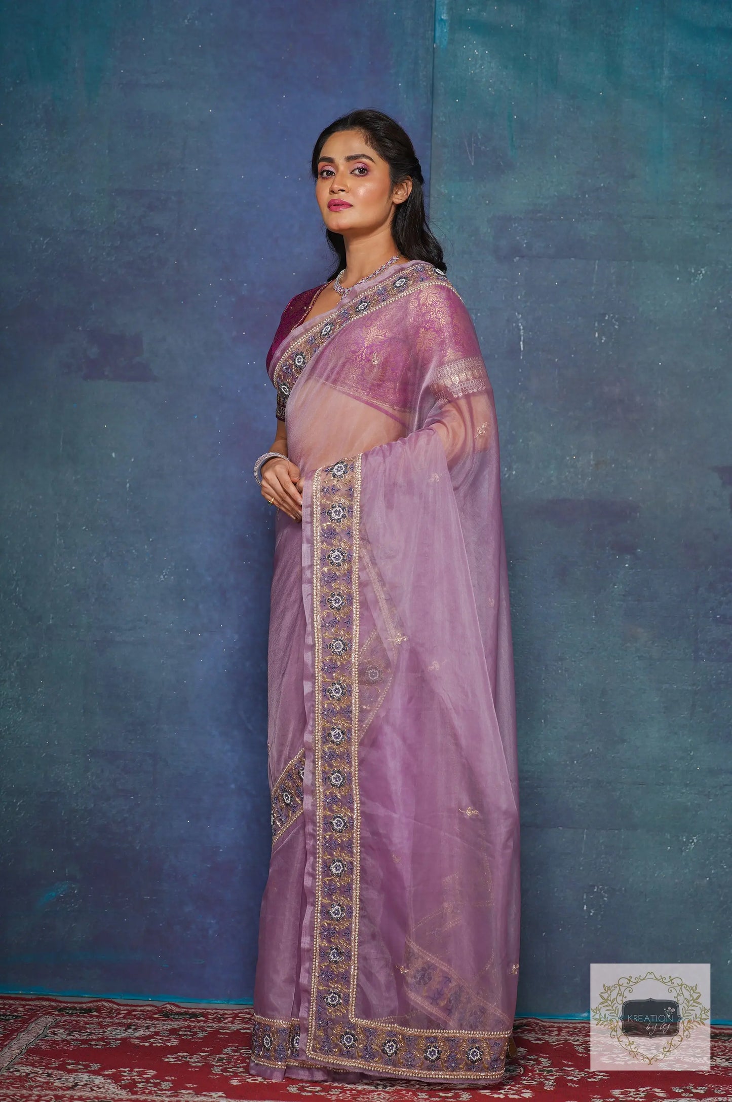 Lavender Passiflora Organza Saree kreationbykj