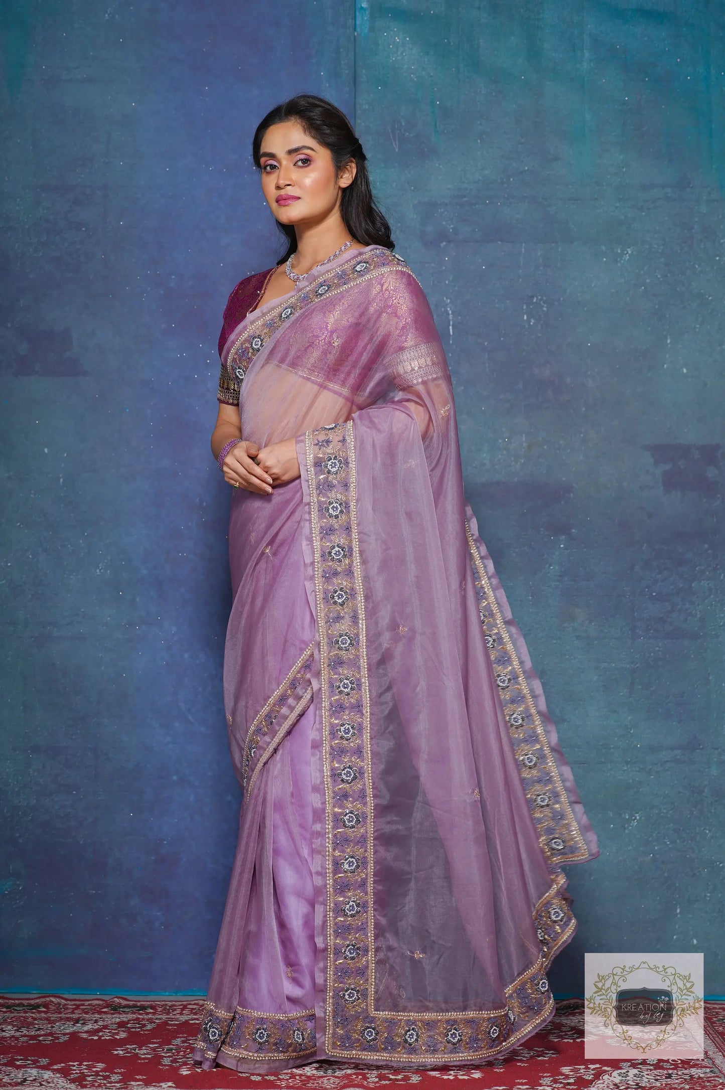 Lavender Passiflora Organza Saree kreationbykj
