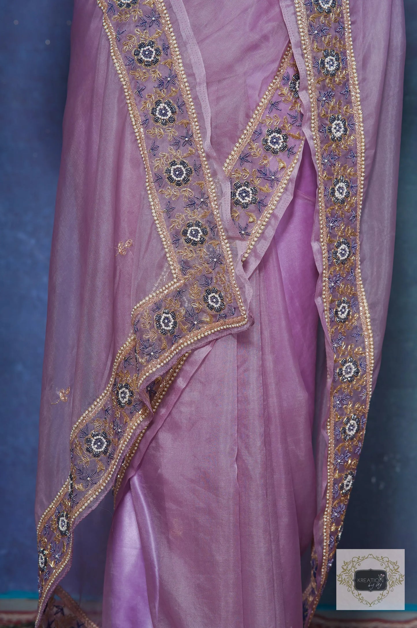 Lavender Passiflora Organza Saree kreationbykj