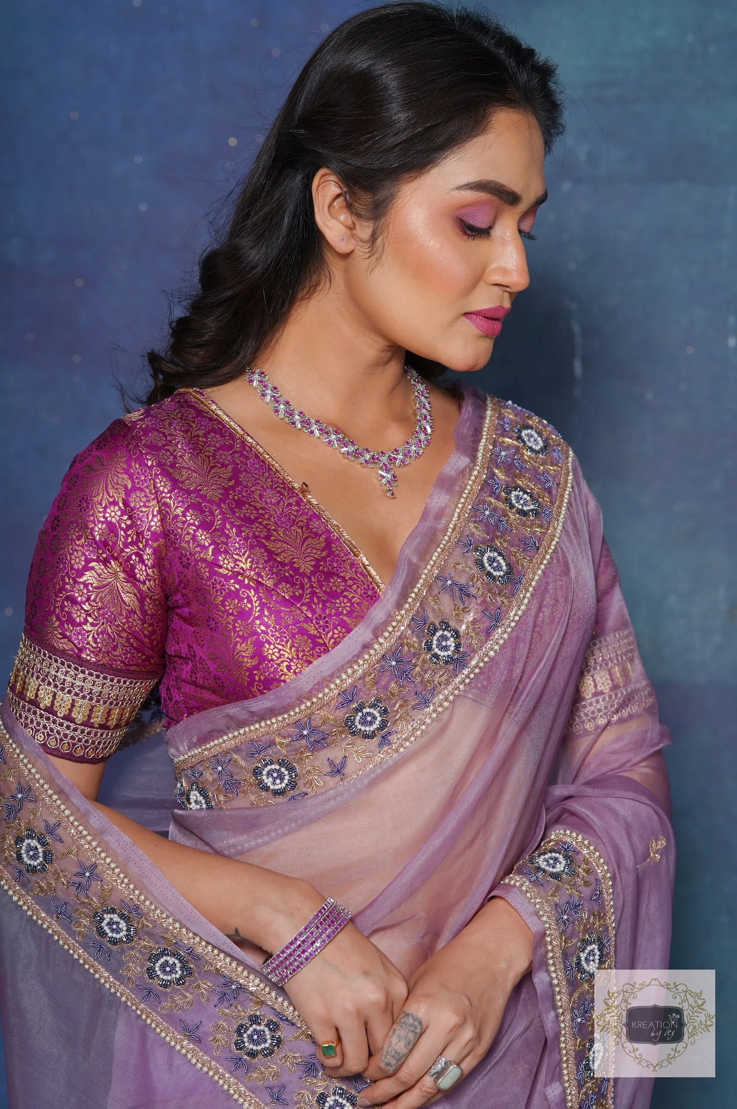 Lavender Passiflora Organza Saree kreationbykj