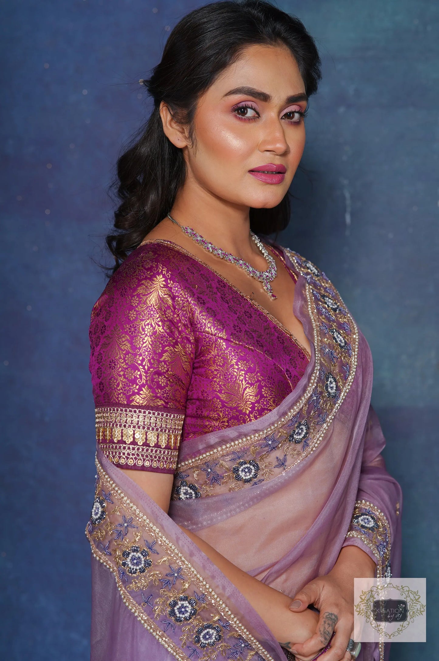 Lavender Passiflora Organza Saree kreationbykj
