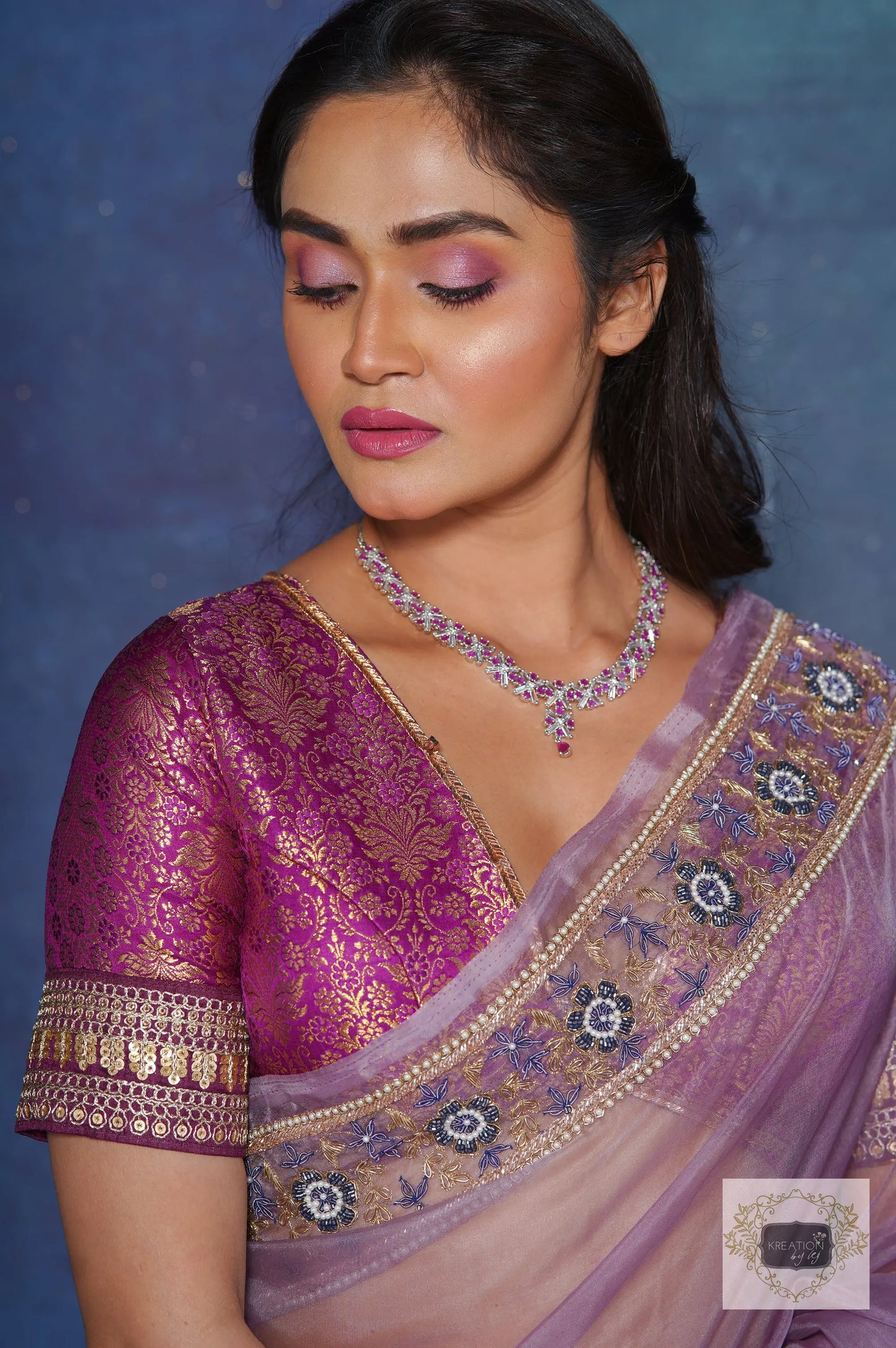 Lavender Passiflora Organza Saree kreationbykj