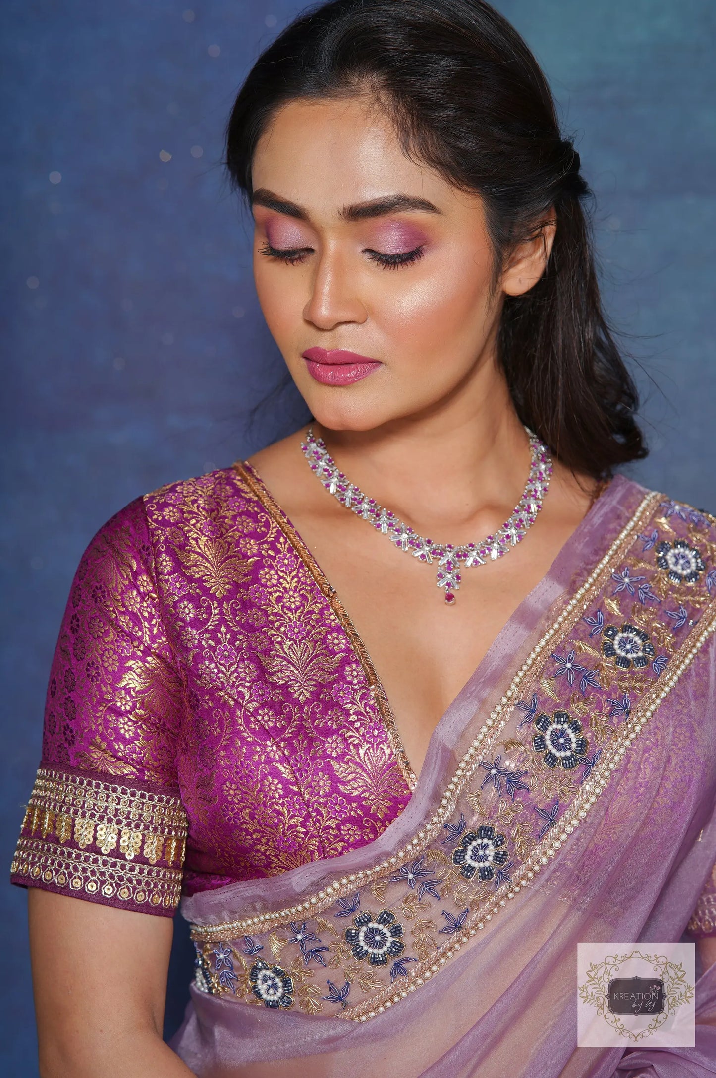 Lavender Passiflora Organza Saree kreationbykj