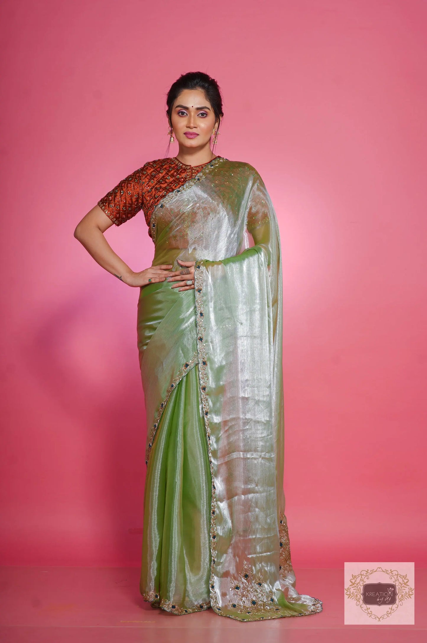 Absinthe Organza Saree with Handembroidery kreationbykj