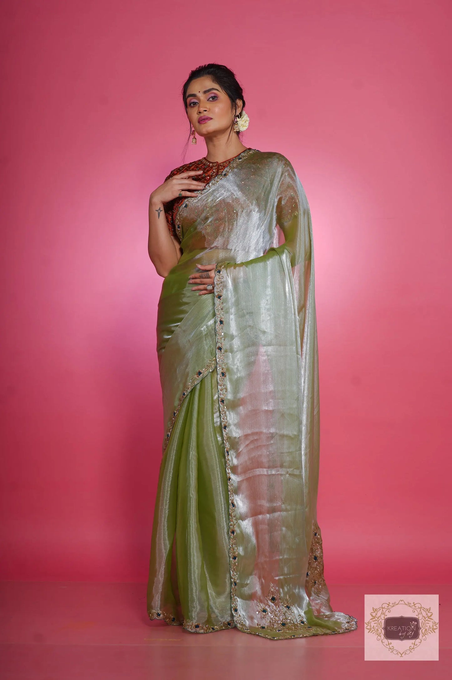 Absinthe Organza Saree with Handembroidery kreationbykj
