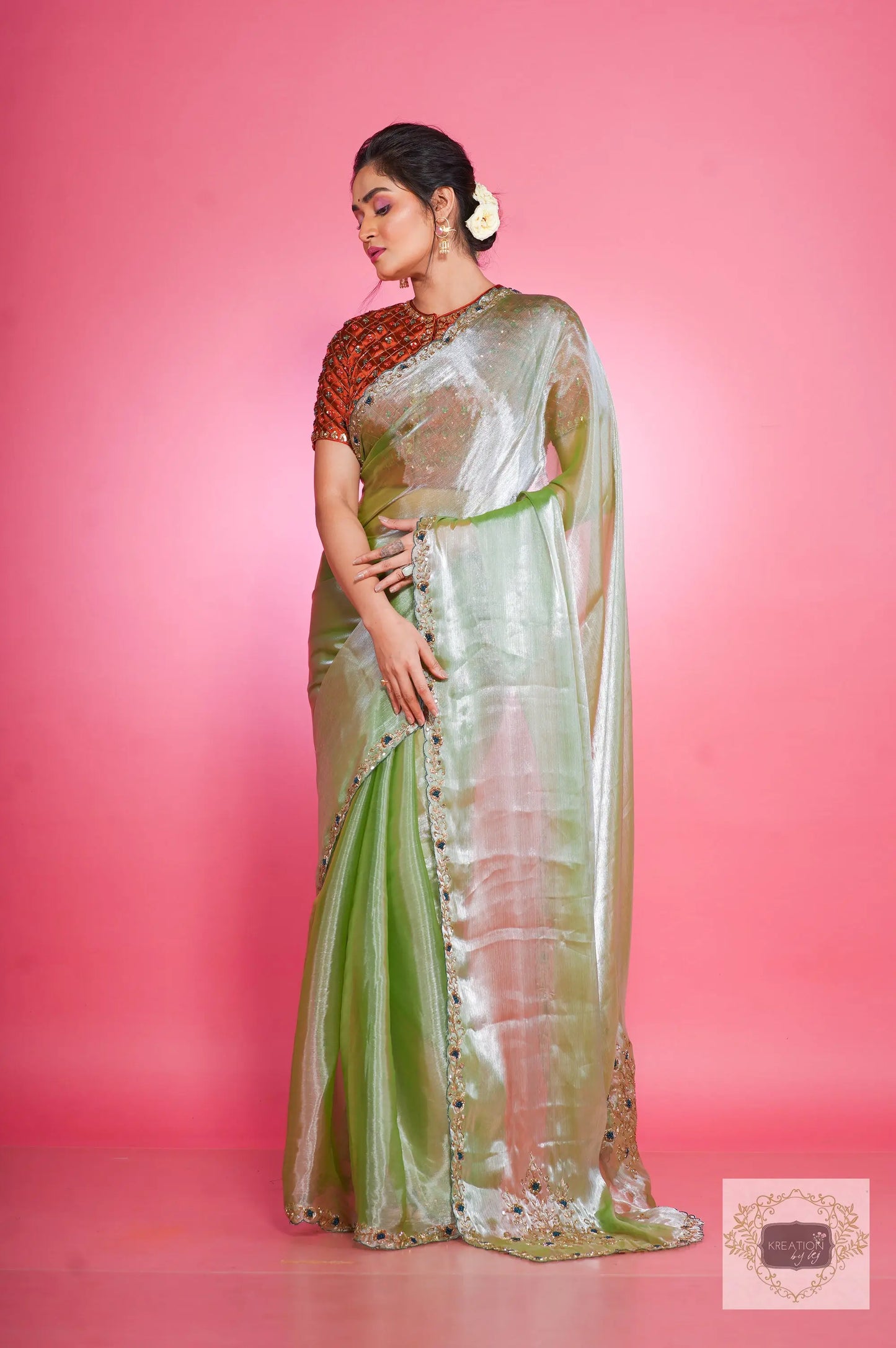 Absinthe Organza Saree with Handembroidery kreationbykj