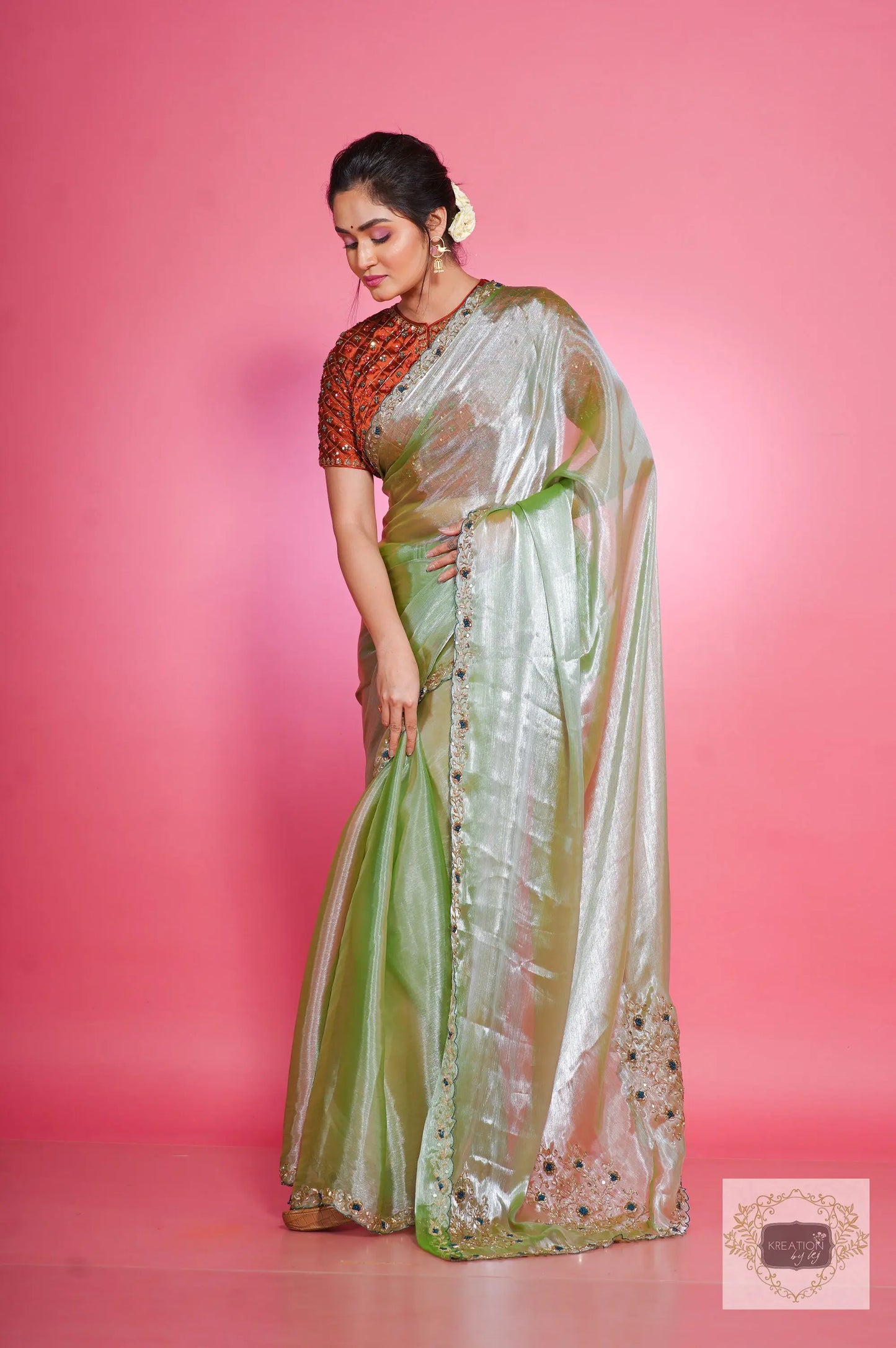 Absinthe Organza Saree with Handembroidery kreationbykj