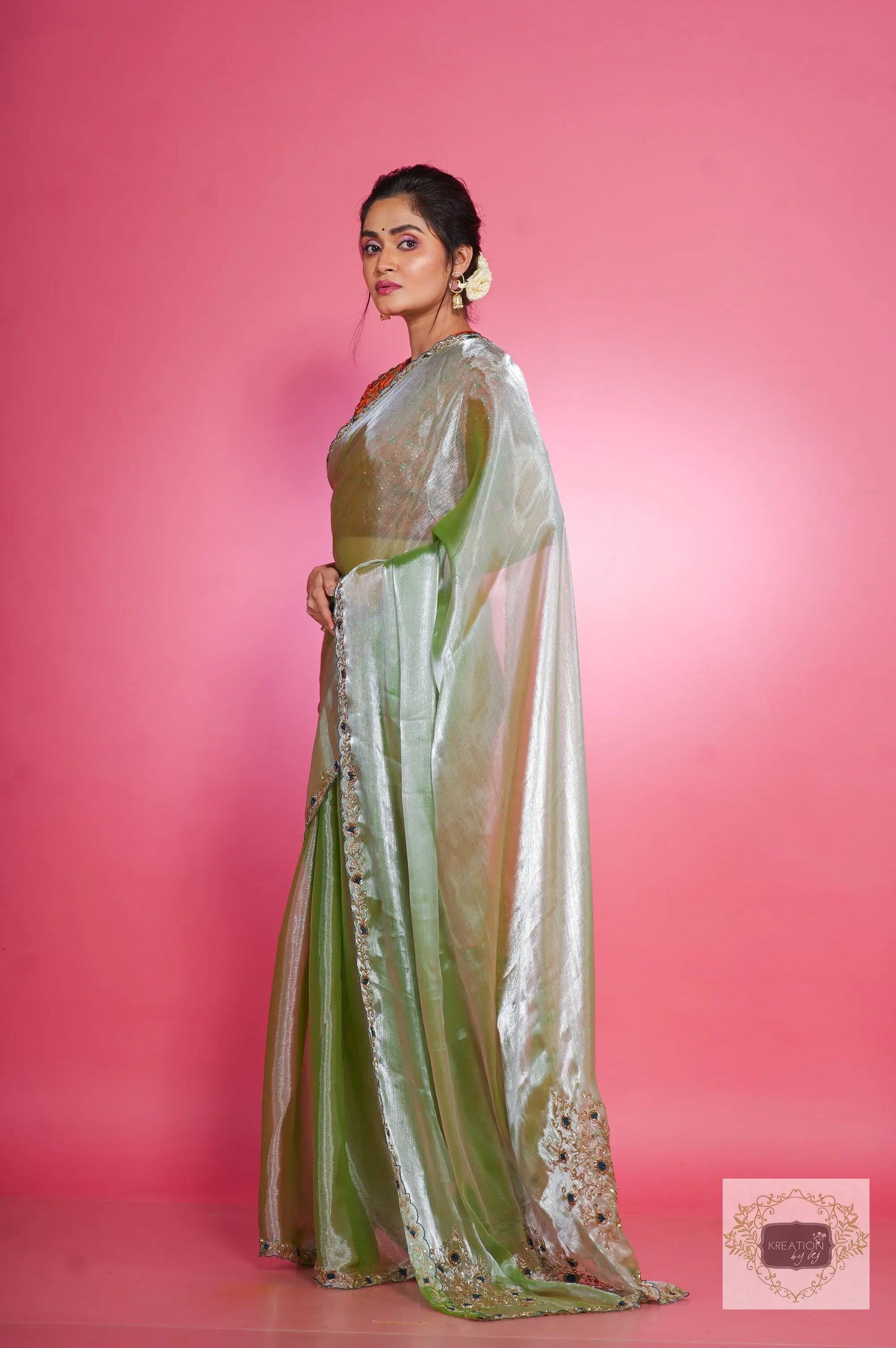Absinthe Organza Saree with Handembroidery kreationbykj