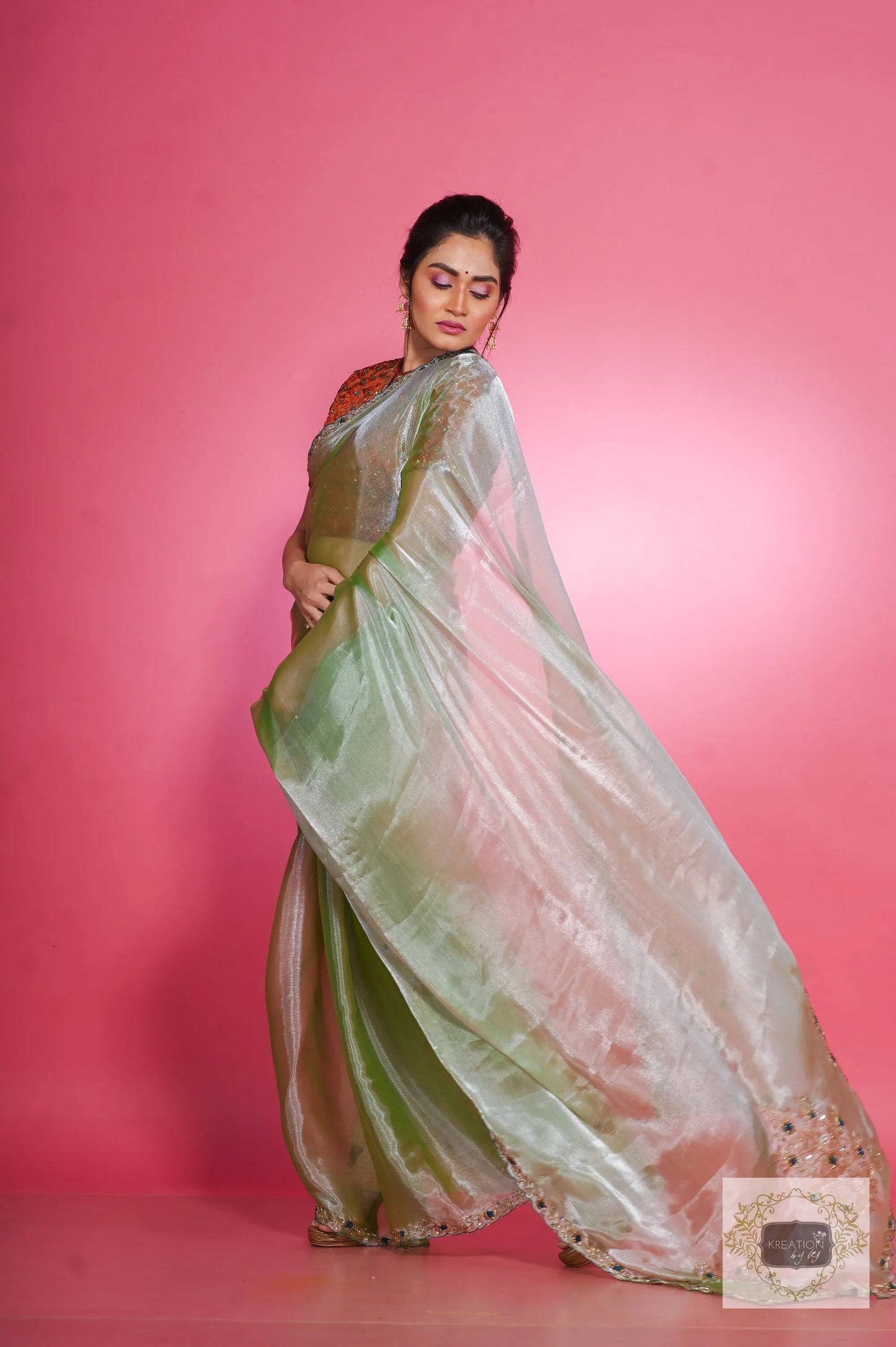 Absinthe Organza Saree with Handembroidery kreationbykj