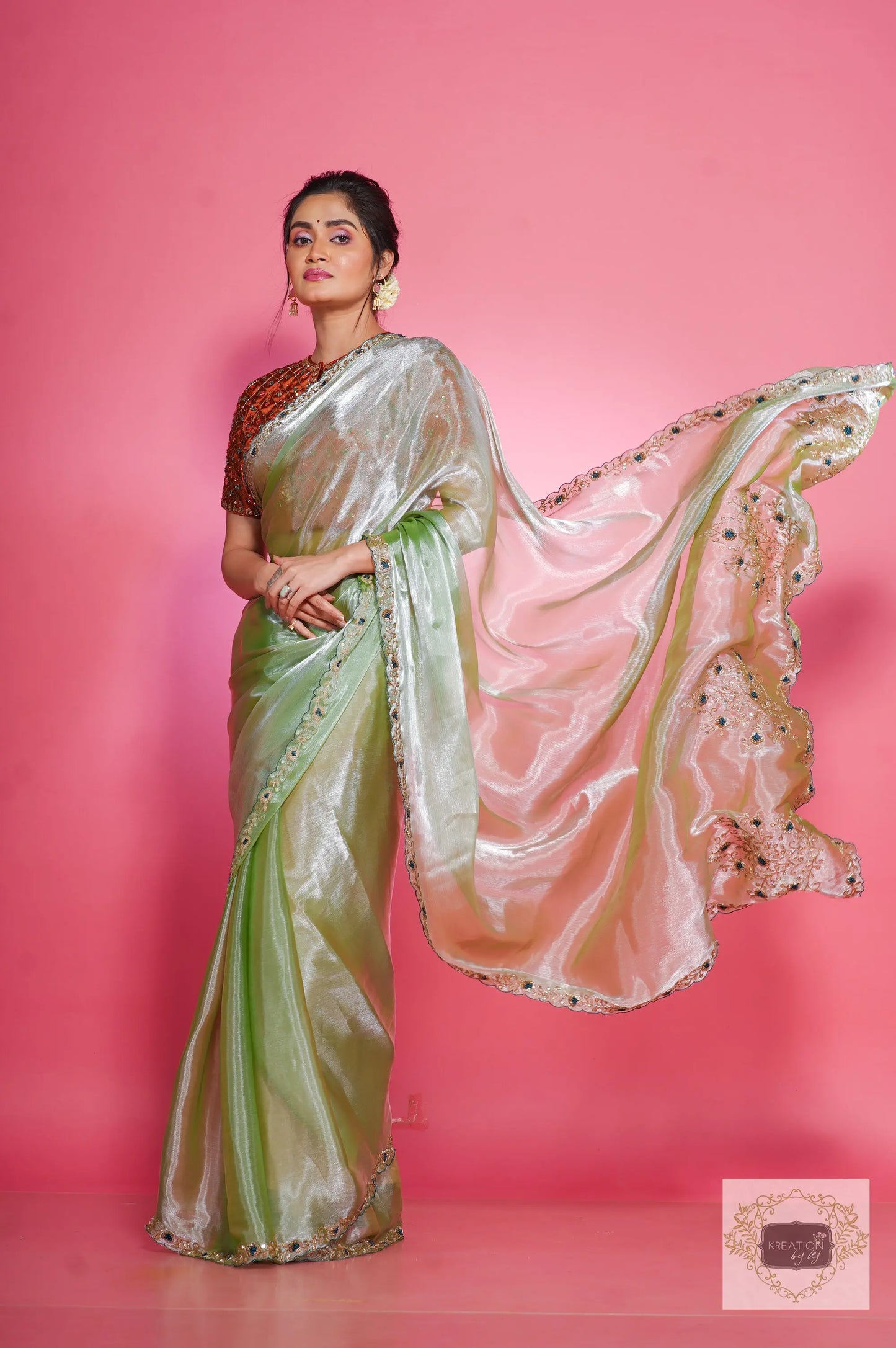 Absinthe Organza Saree with Handembroidery kreationbykj