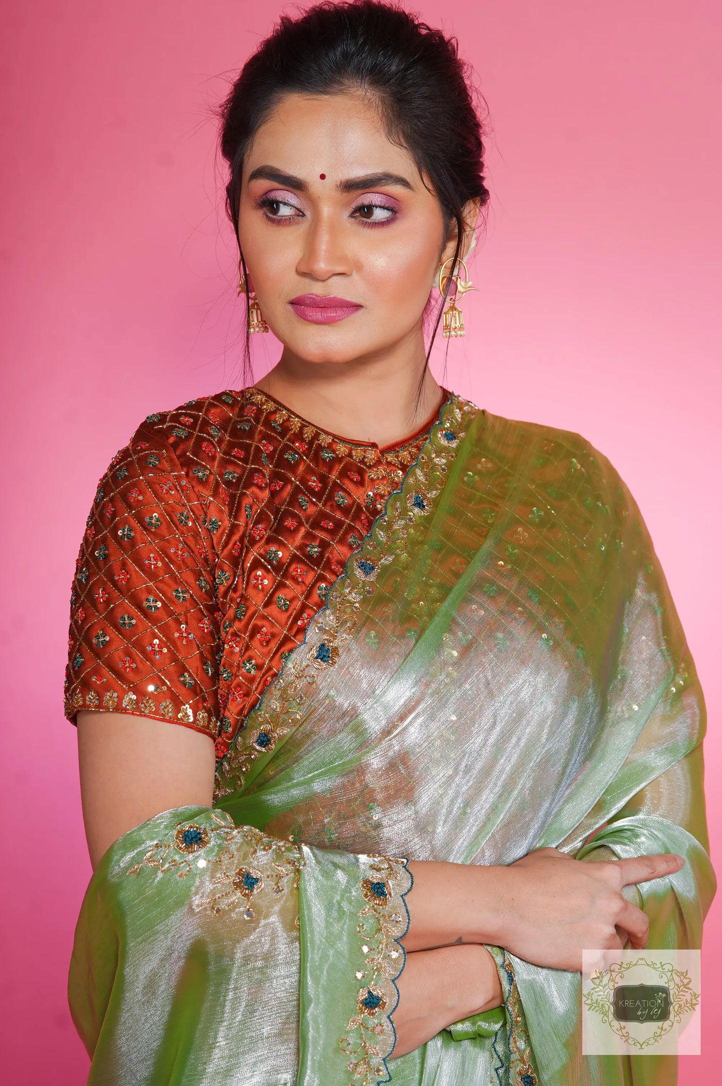 Absinthe Organza Saree with Handembroidery kreationbykj