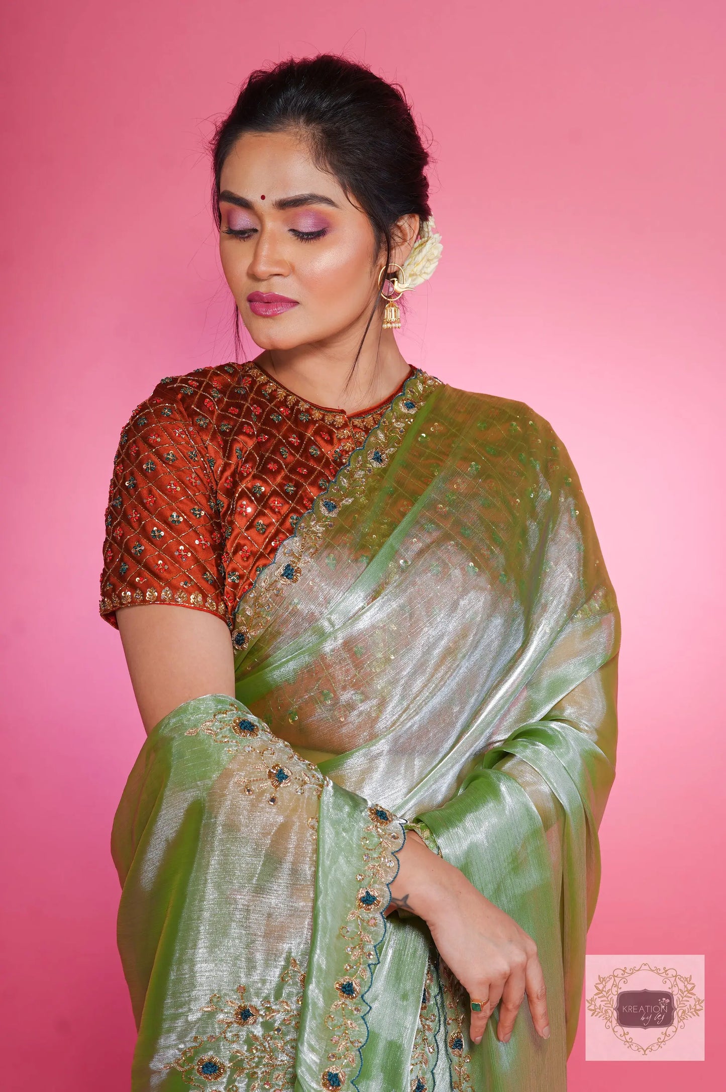 Absinthe Organza Saree with Handembroidery kreationbykj