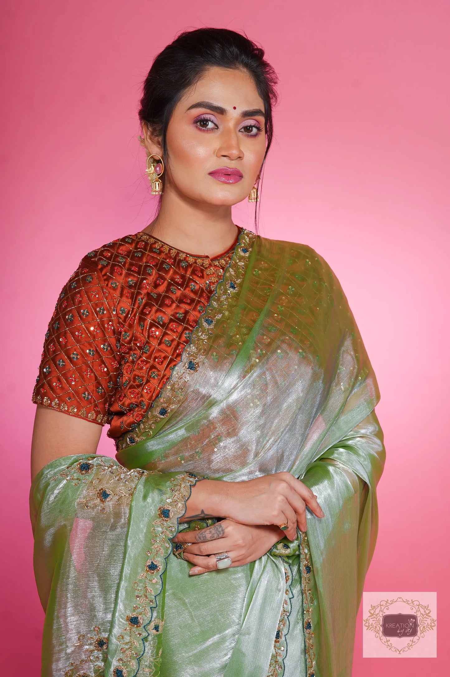 Absinthe Organza Saree with Handembroidery kreationbykj