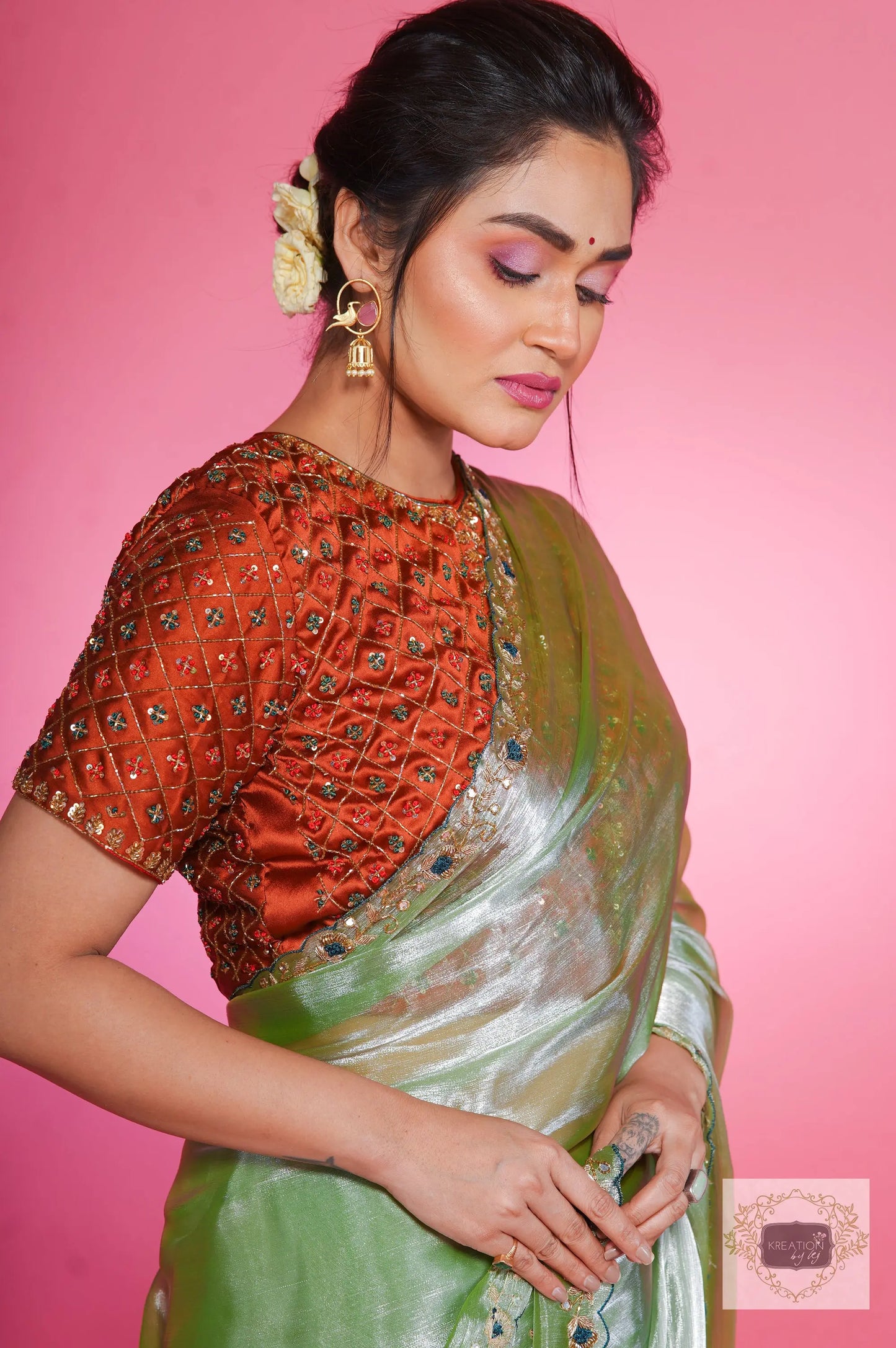 Absinthe Organza Saree with Handembroidery kreationbykj
