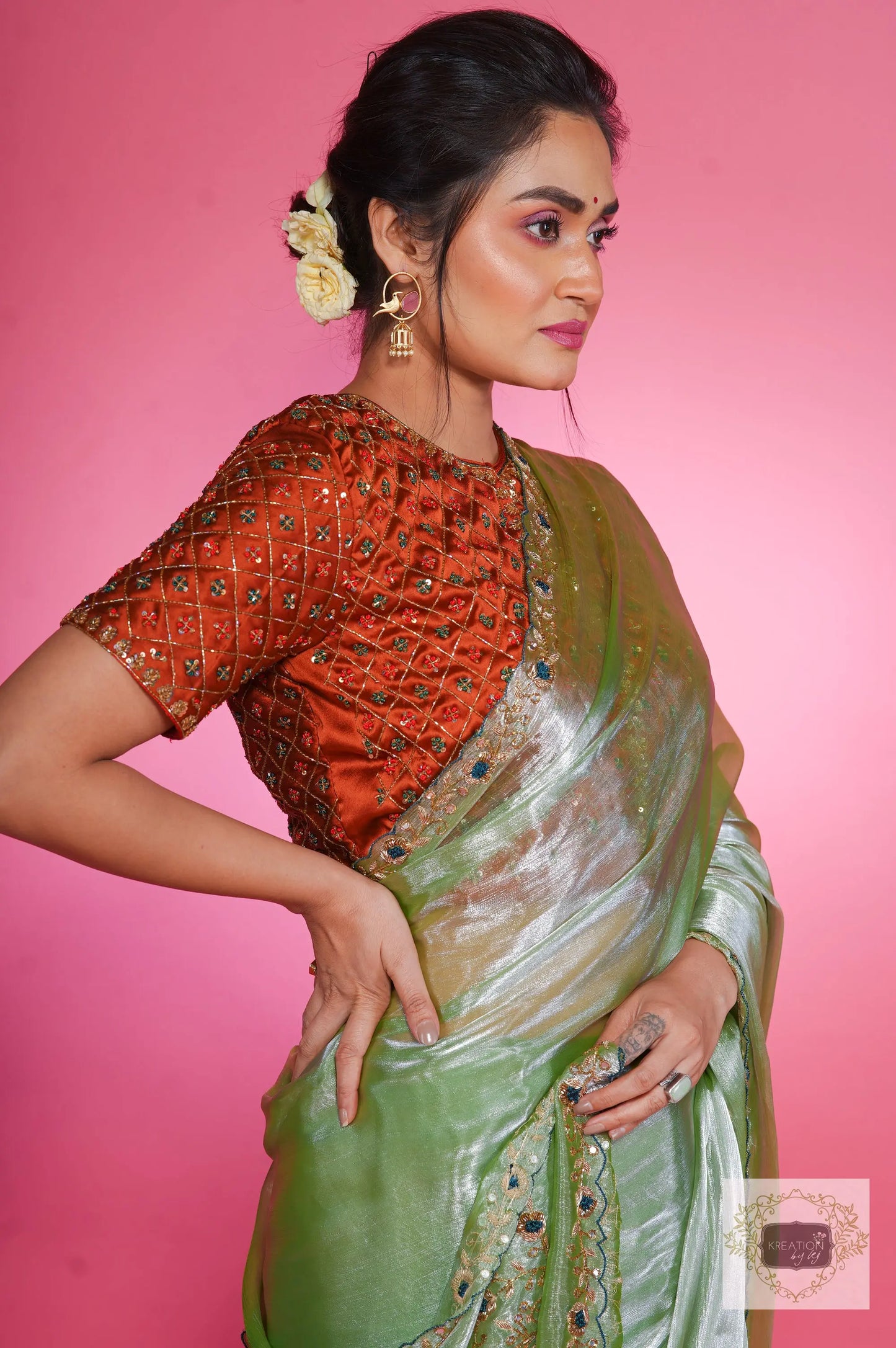 Absinthe Organza Saree with Handembroidery kreationbykj