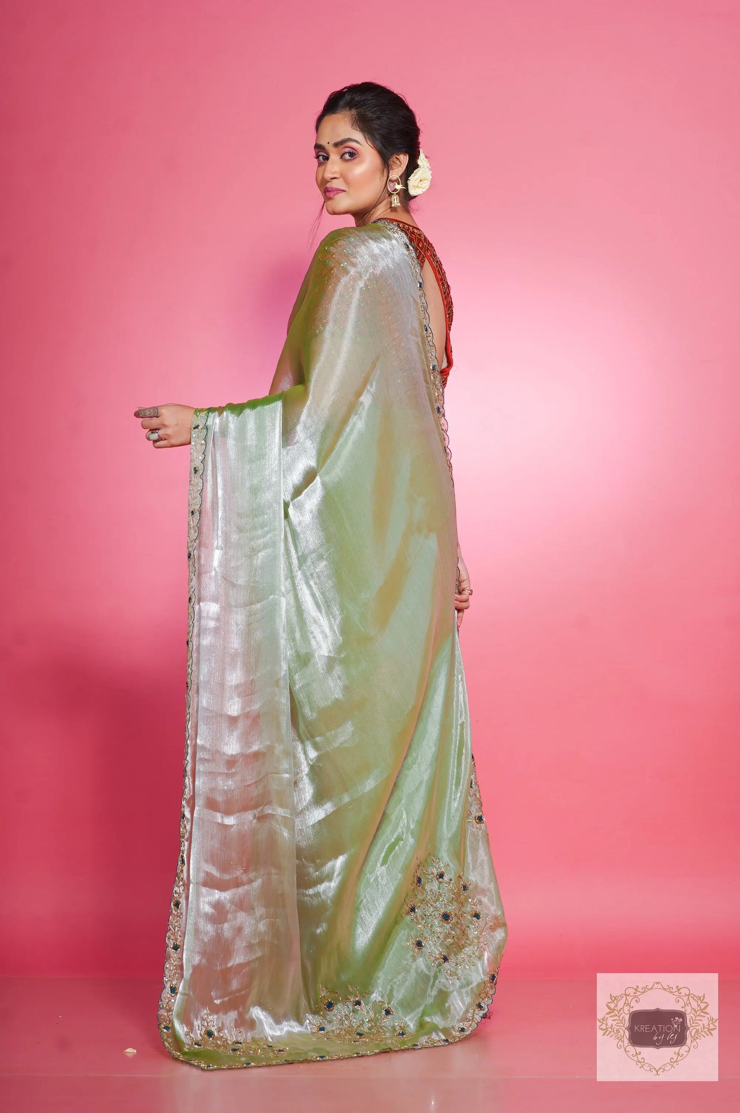 Absinthe Organza Saree with Handembroidery kreationbykj