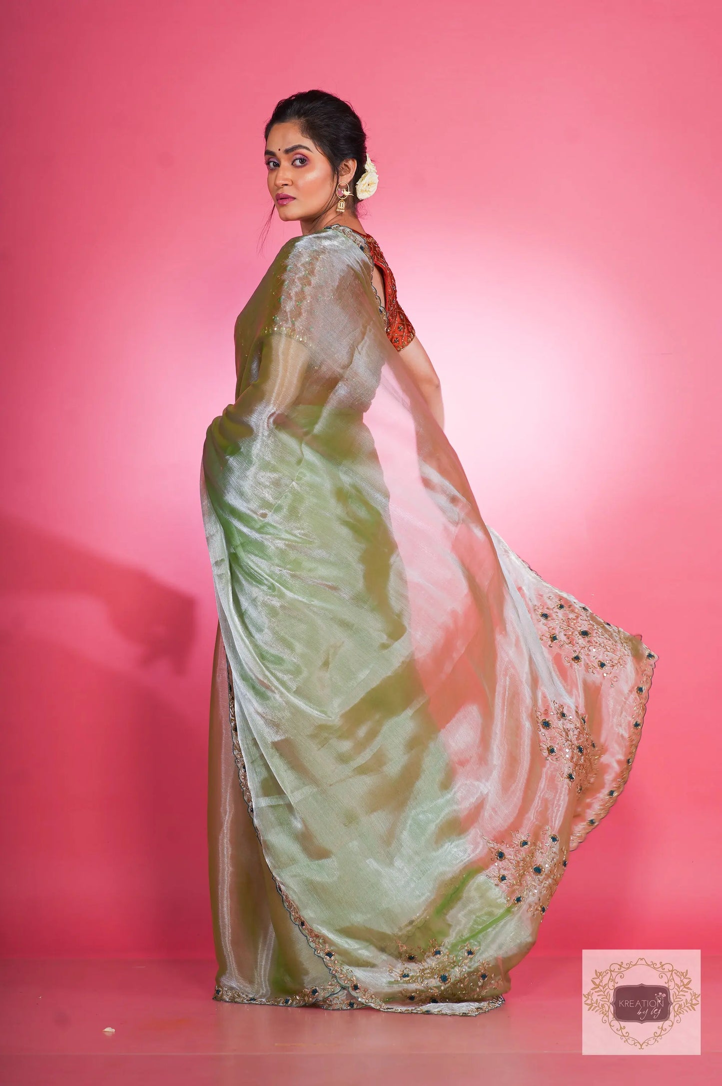 Absinthe Organza Saree with Handembroidery kreationbykj
