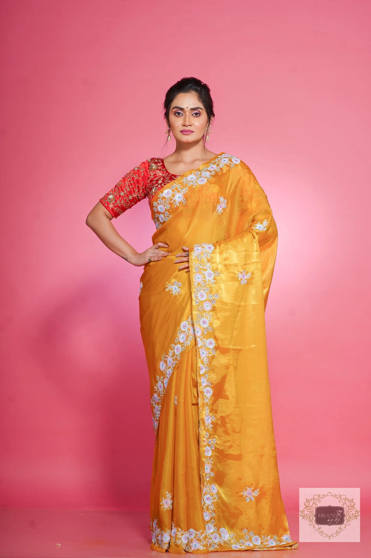 Yellow liquid organza Handembroidred Saree kreationbykj