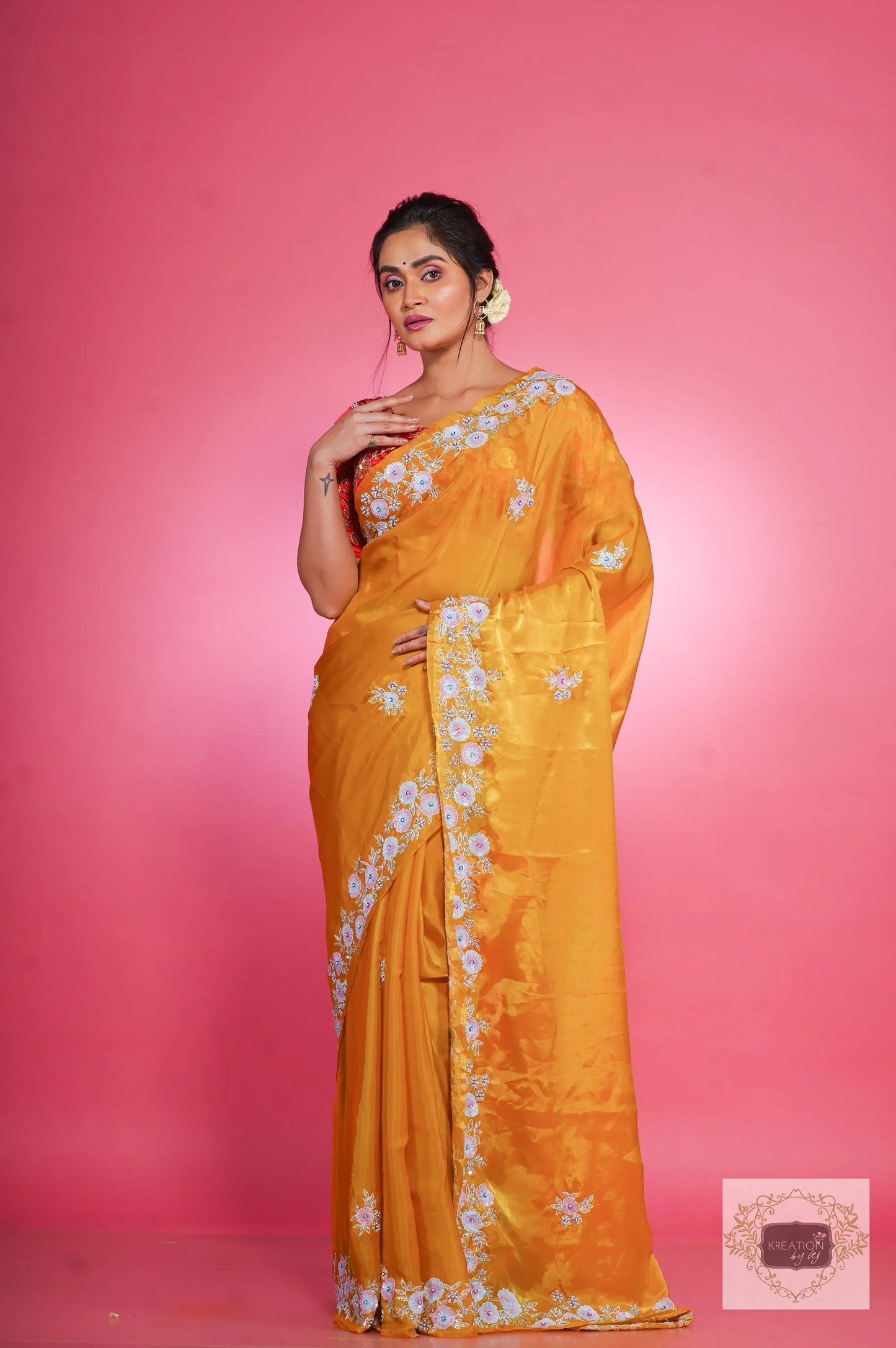 Yellow liquid organza Handembroidred Saree kreationbykj