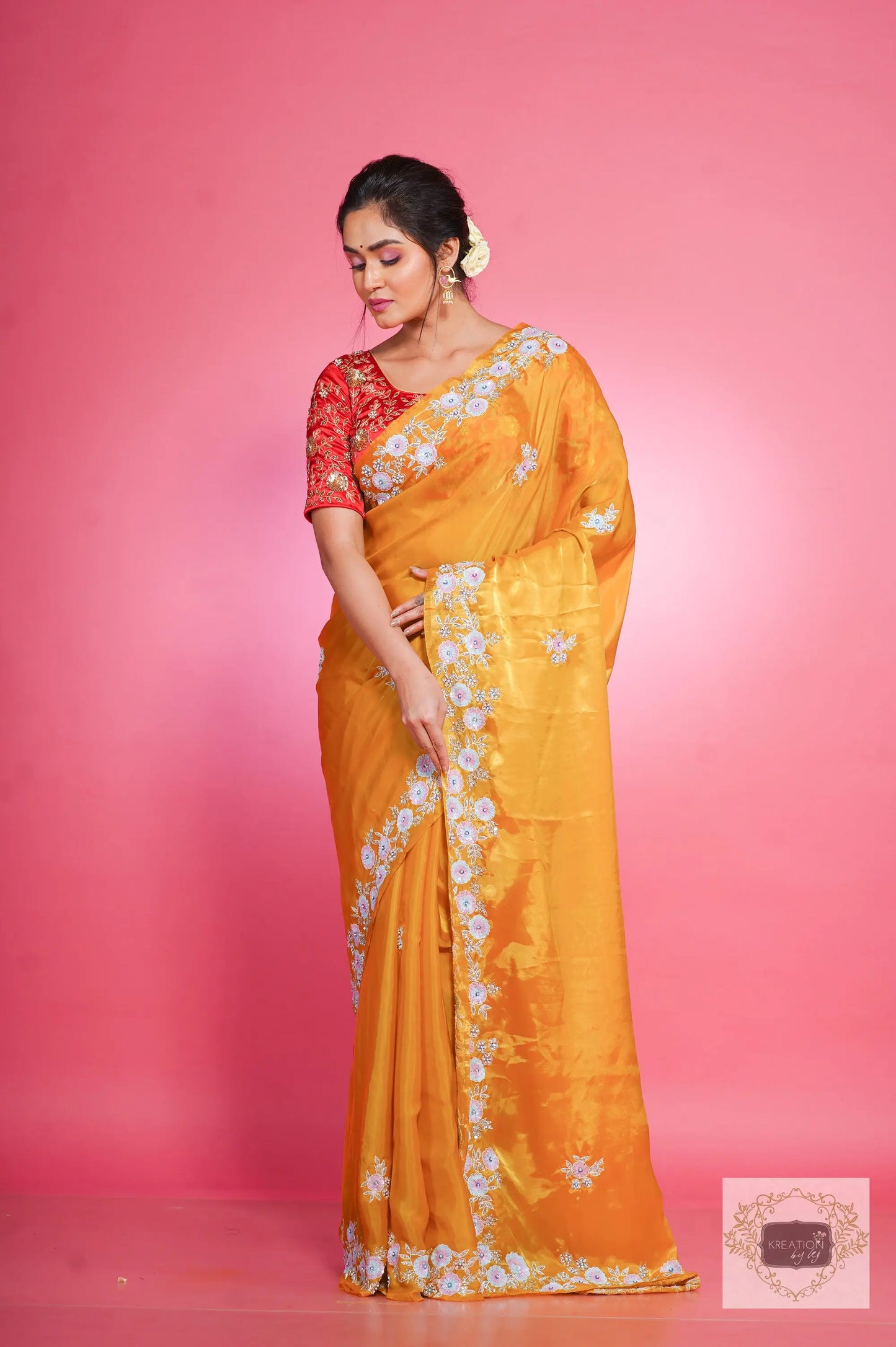 Yellow liquid organza Handembroidred Saree kreationbykj
