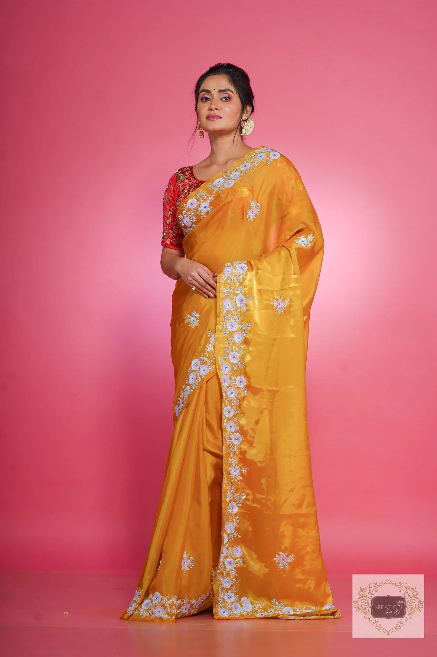 Yellow liquid organza Handembroidred Saree kreationbykj