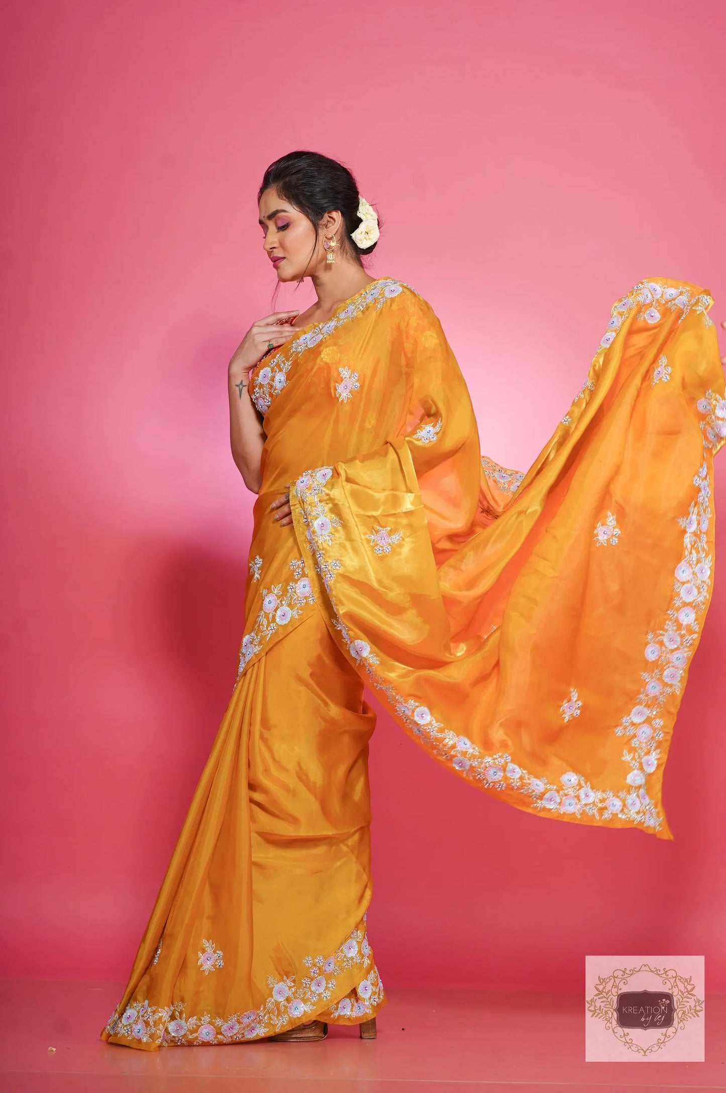Yellow liquid organza Handembroidred Saree kreationbykj