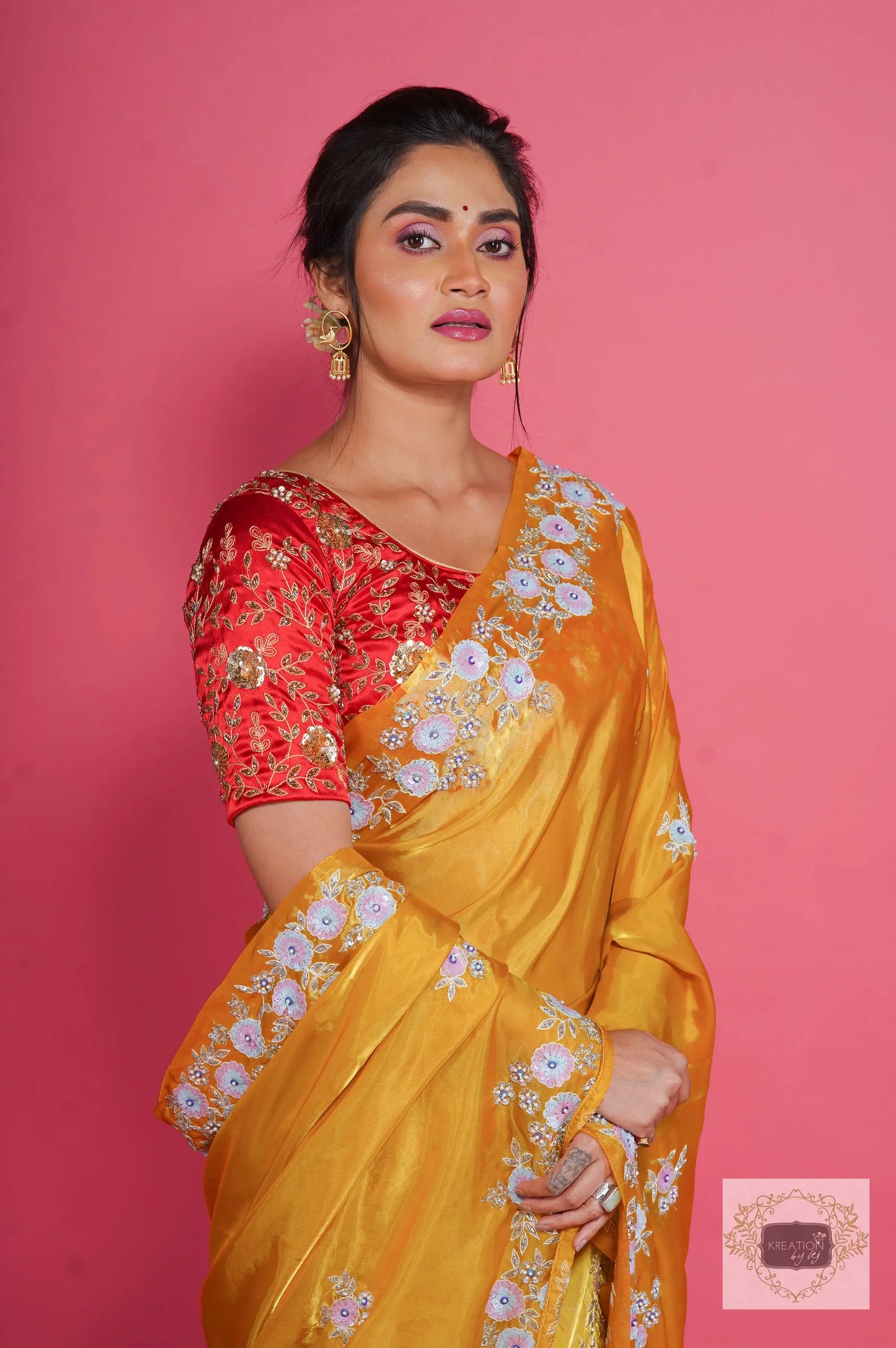 Yellow liquid organza Handembroidred Saree kreationbykj