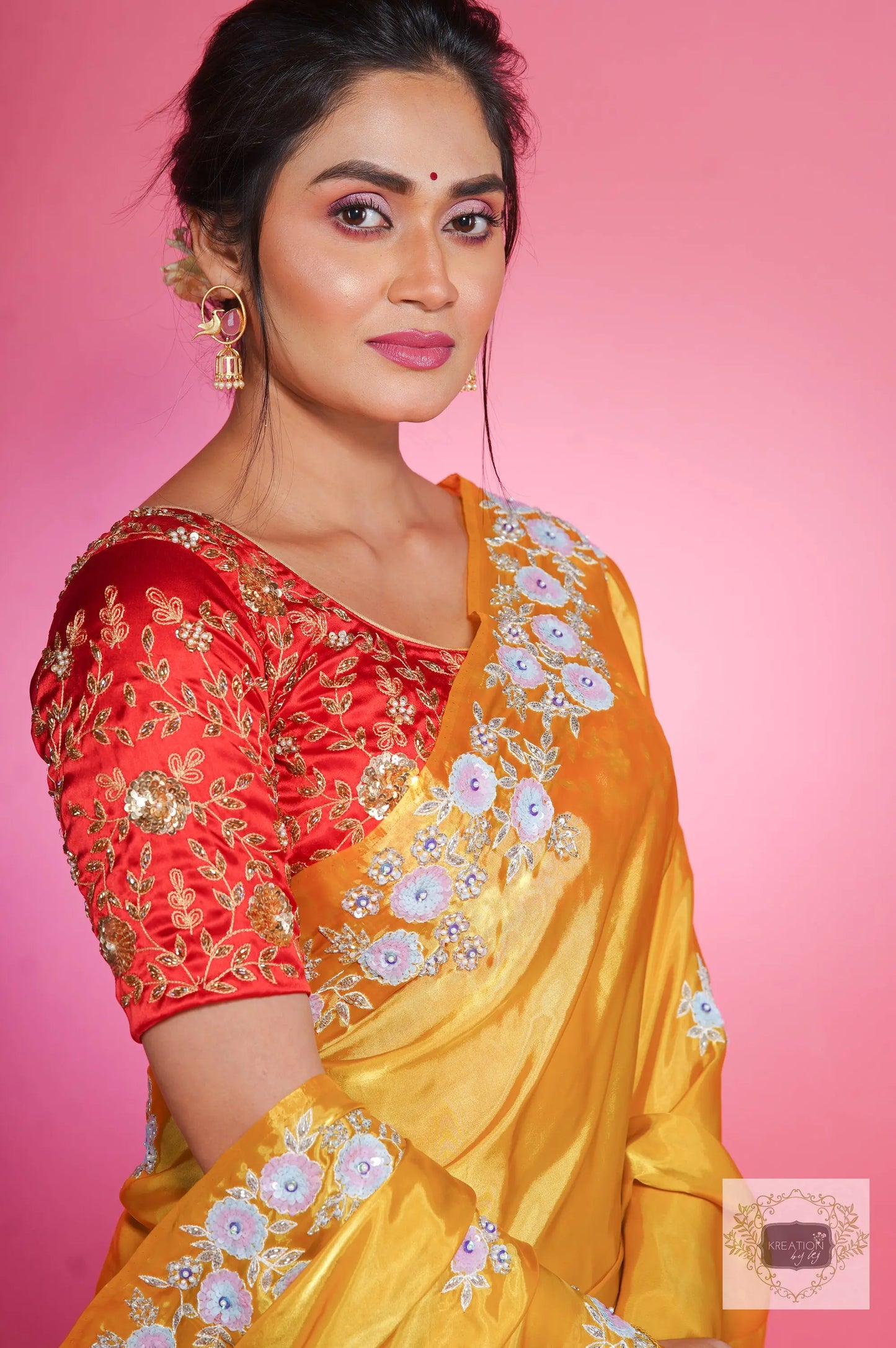 Yellow liquid organza Handembroidred Saree kreationbykj