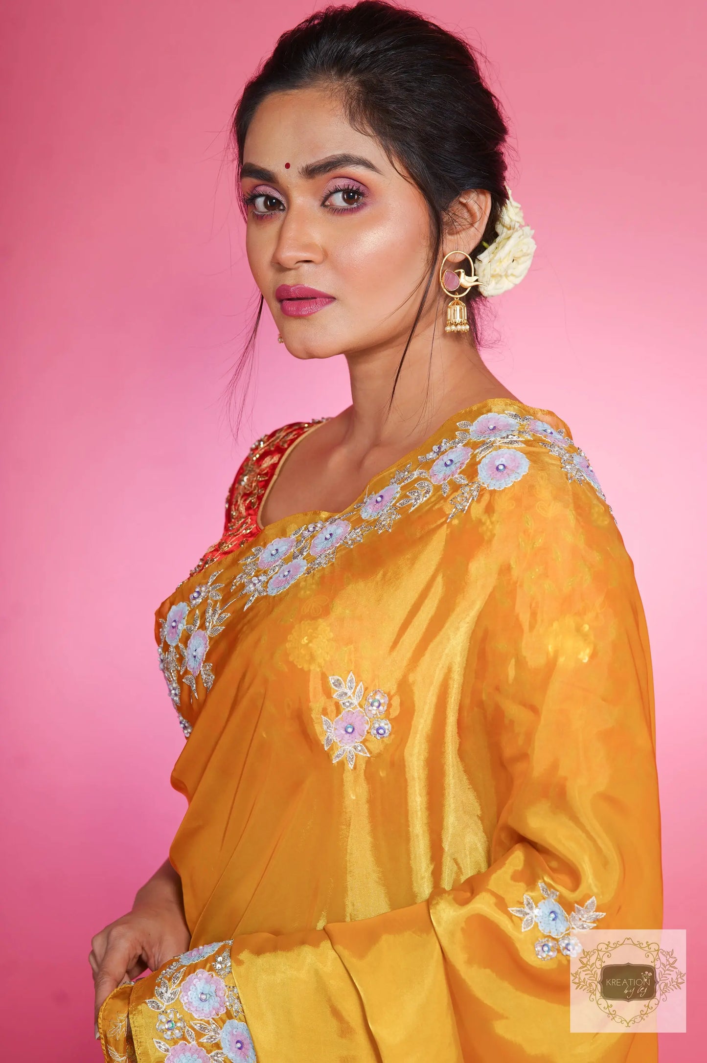 Yellow liquid organza Handembroidred Saree kreationbykj