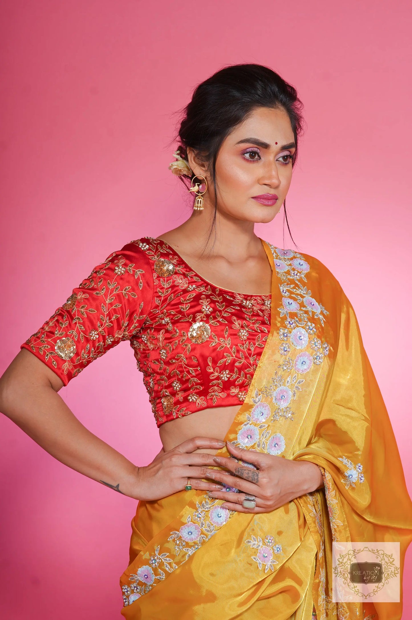 Yellow liquid organza Handembroidred Saree kreationbykj