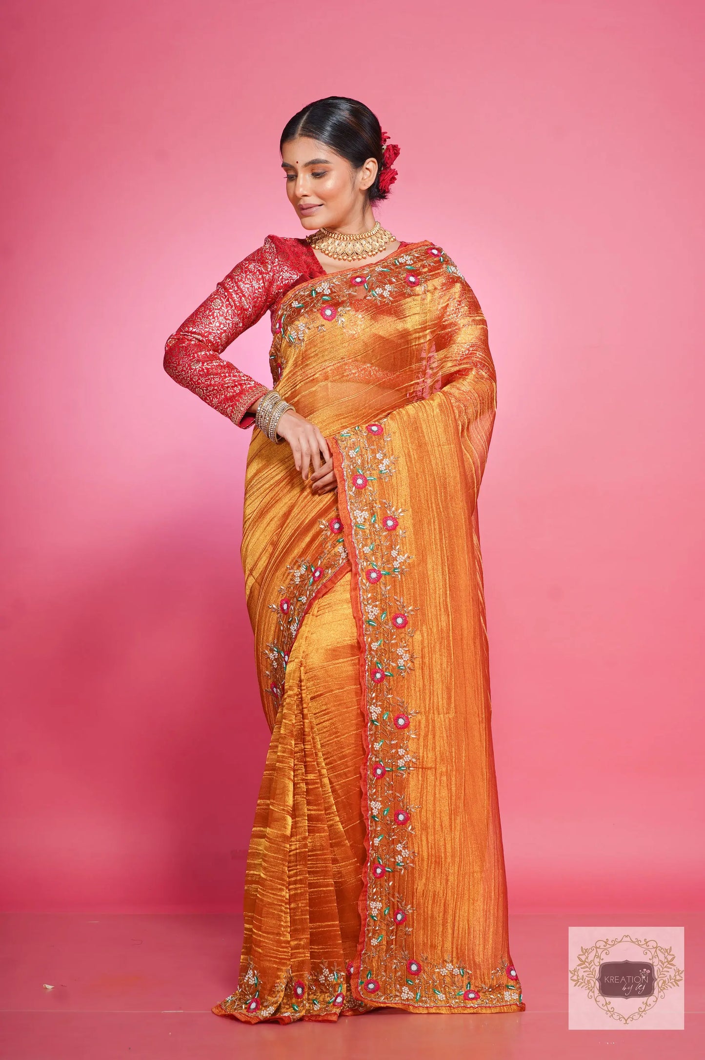 Fiery Gold Zari Tissue Pankhuri Saree kreationbykj