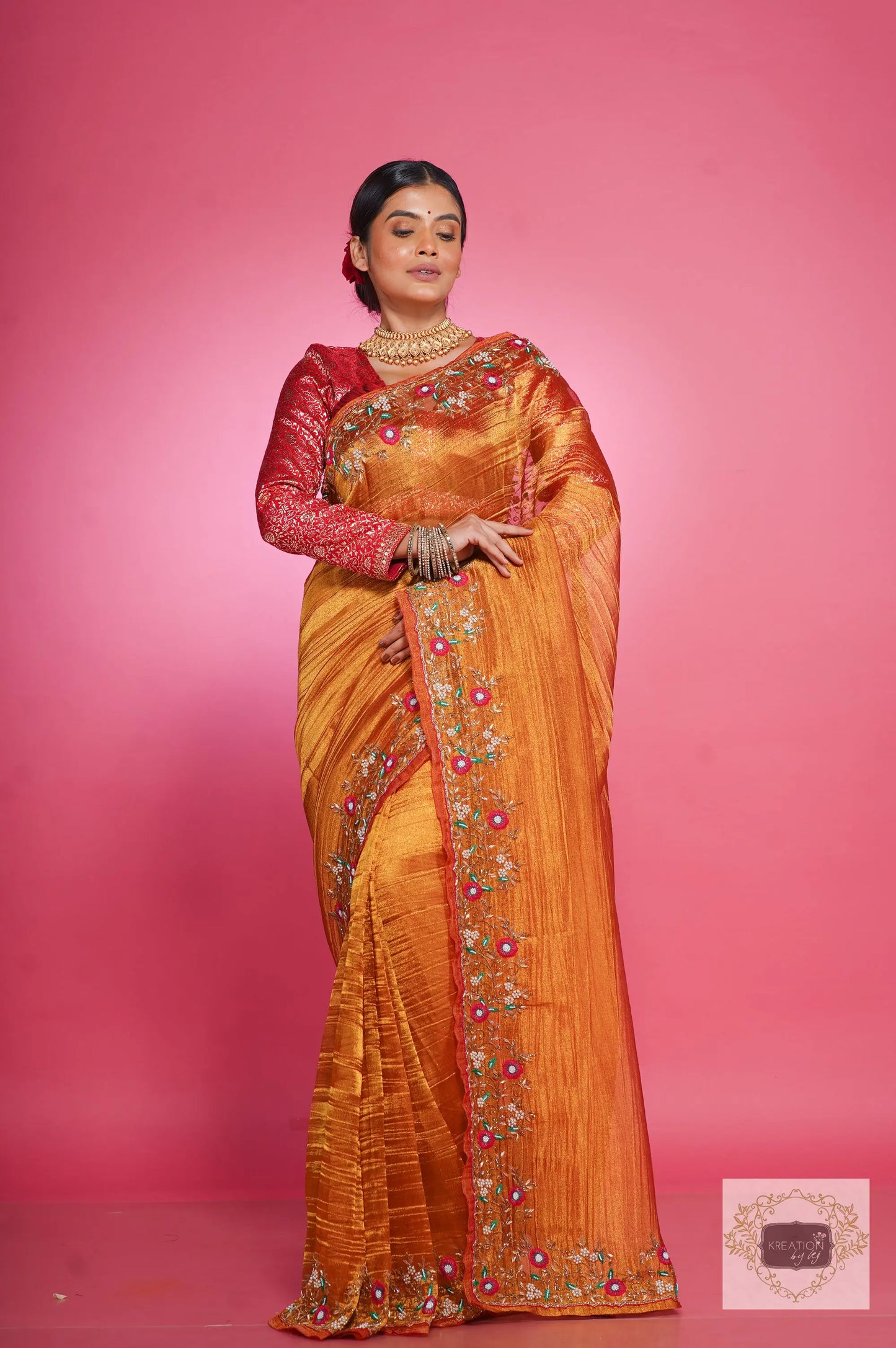 Fiery Gold Zari Tissue Pankhuri Saree kreationbykj