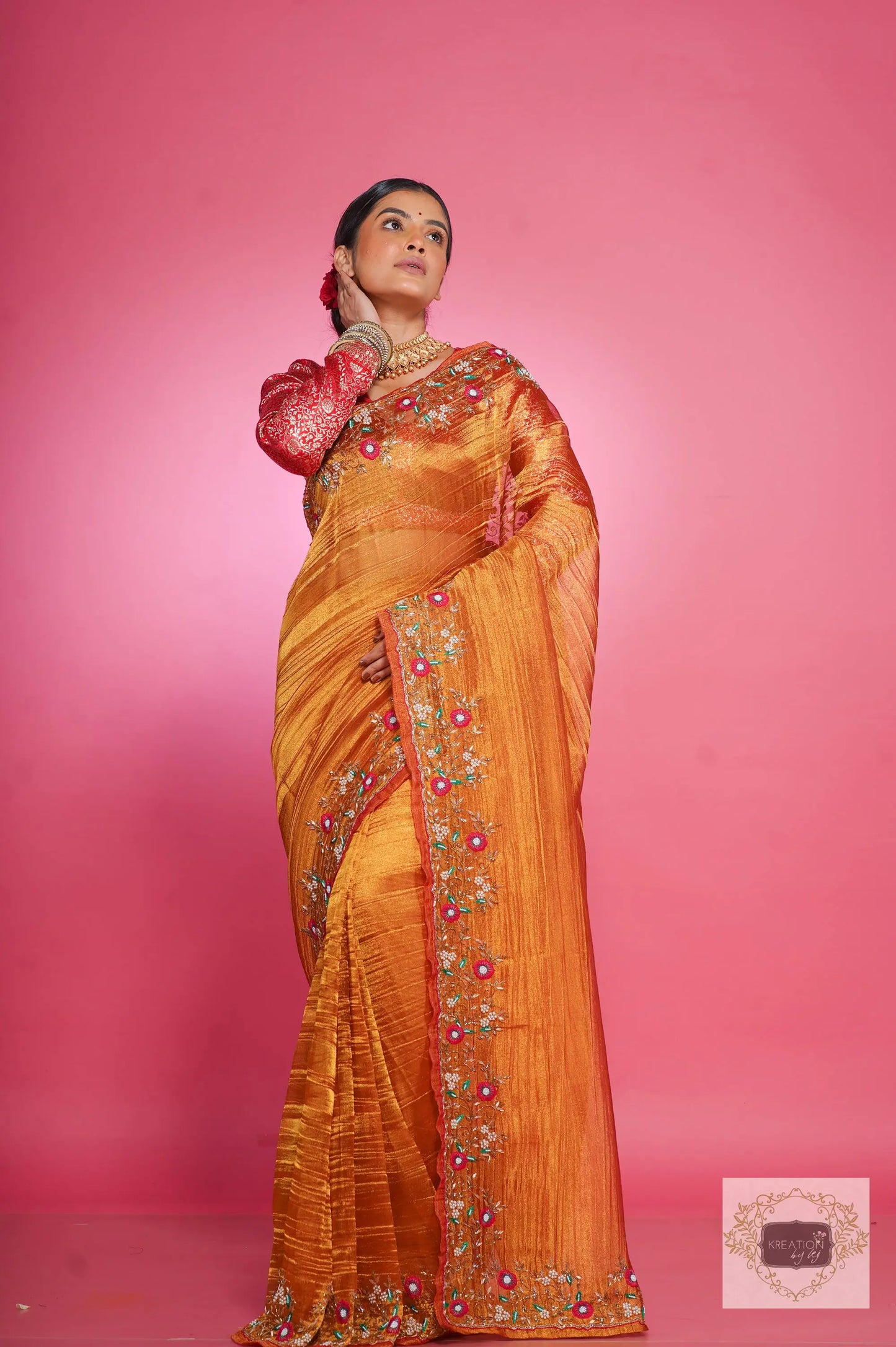 Fiery Gold Zari Tissue Pankhuri Saree kreationbykj