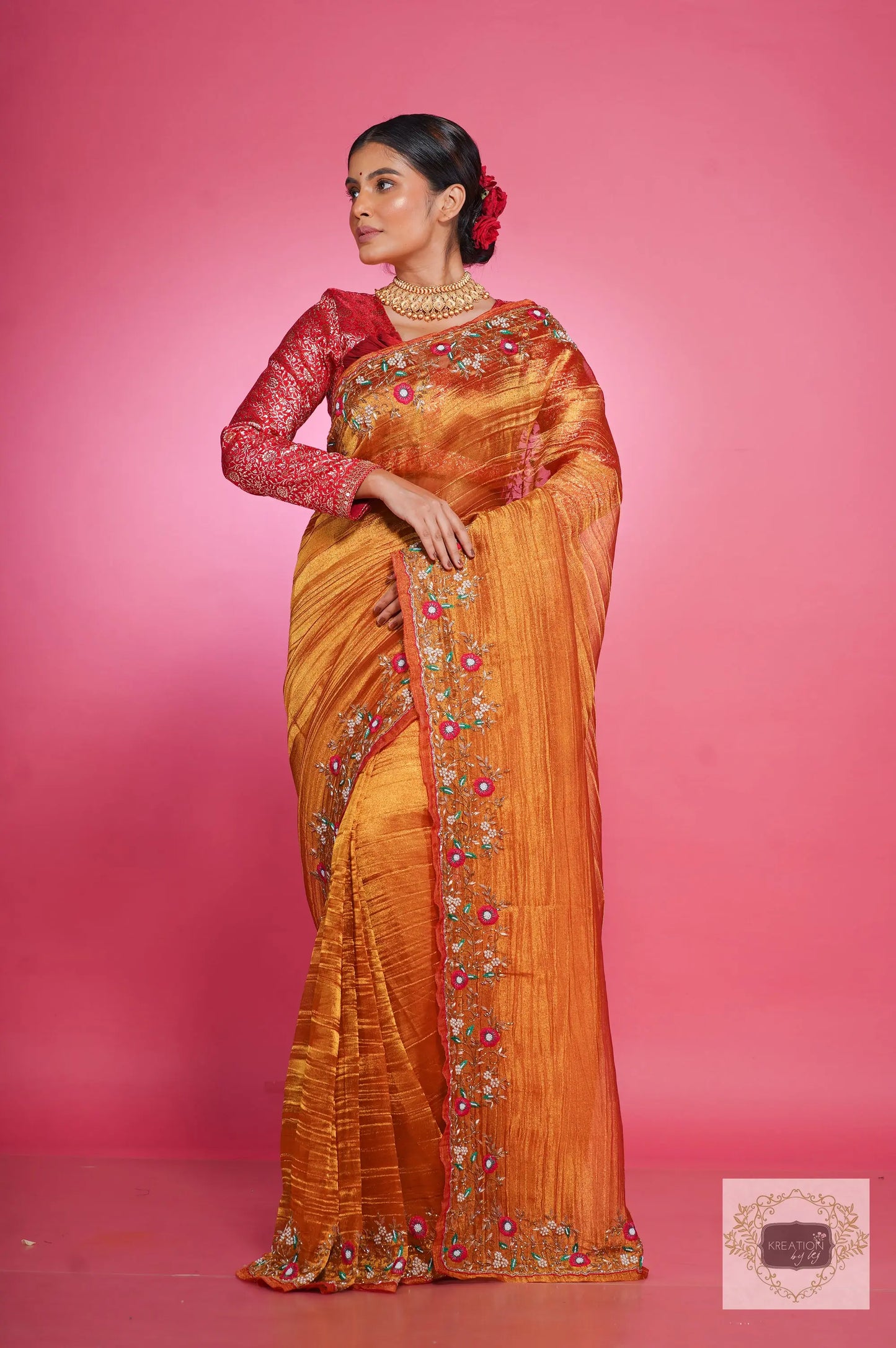 Fiery Gold Zari Tissue Pankhuri Saree kreationbykj