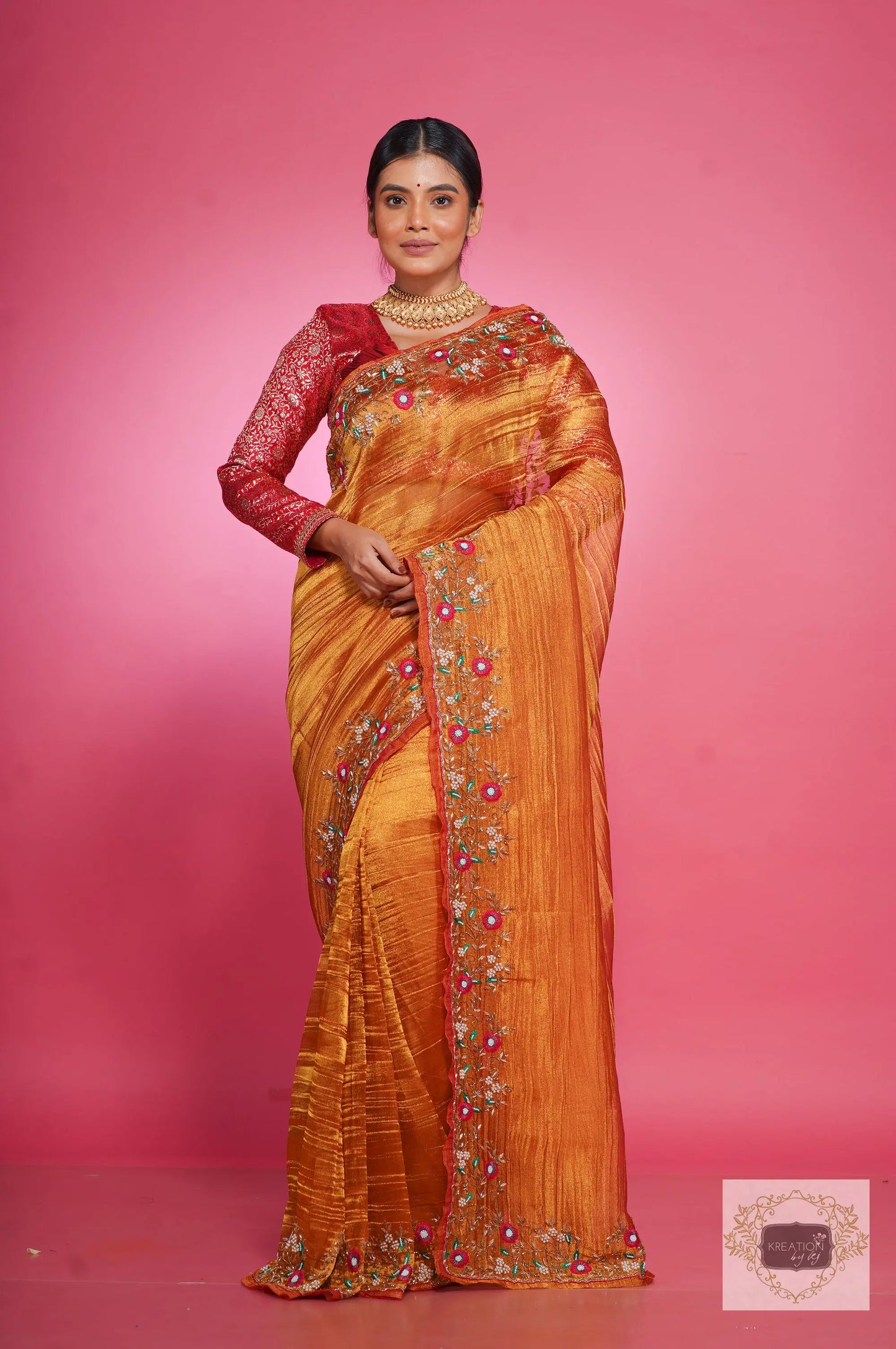 Fiery Gold Zari Tissue Pankhuri Saree kreationbykj
