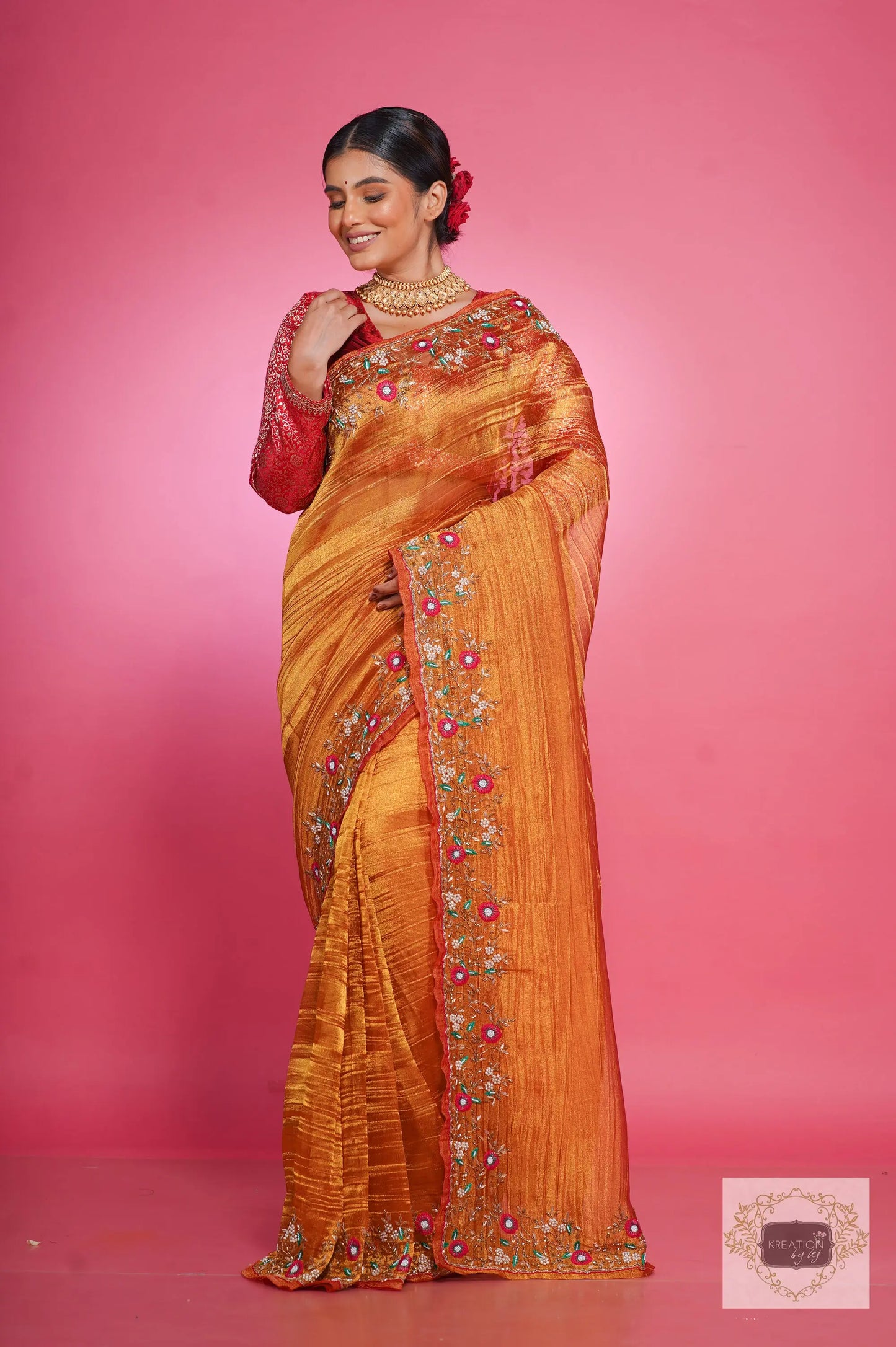 Fiery Gold Zari Tissue Pankhuri Saree kreationbykj