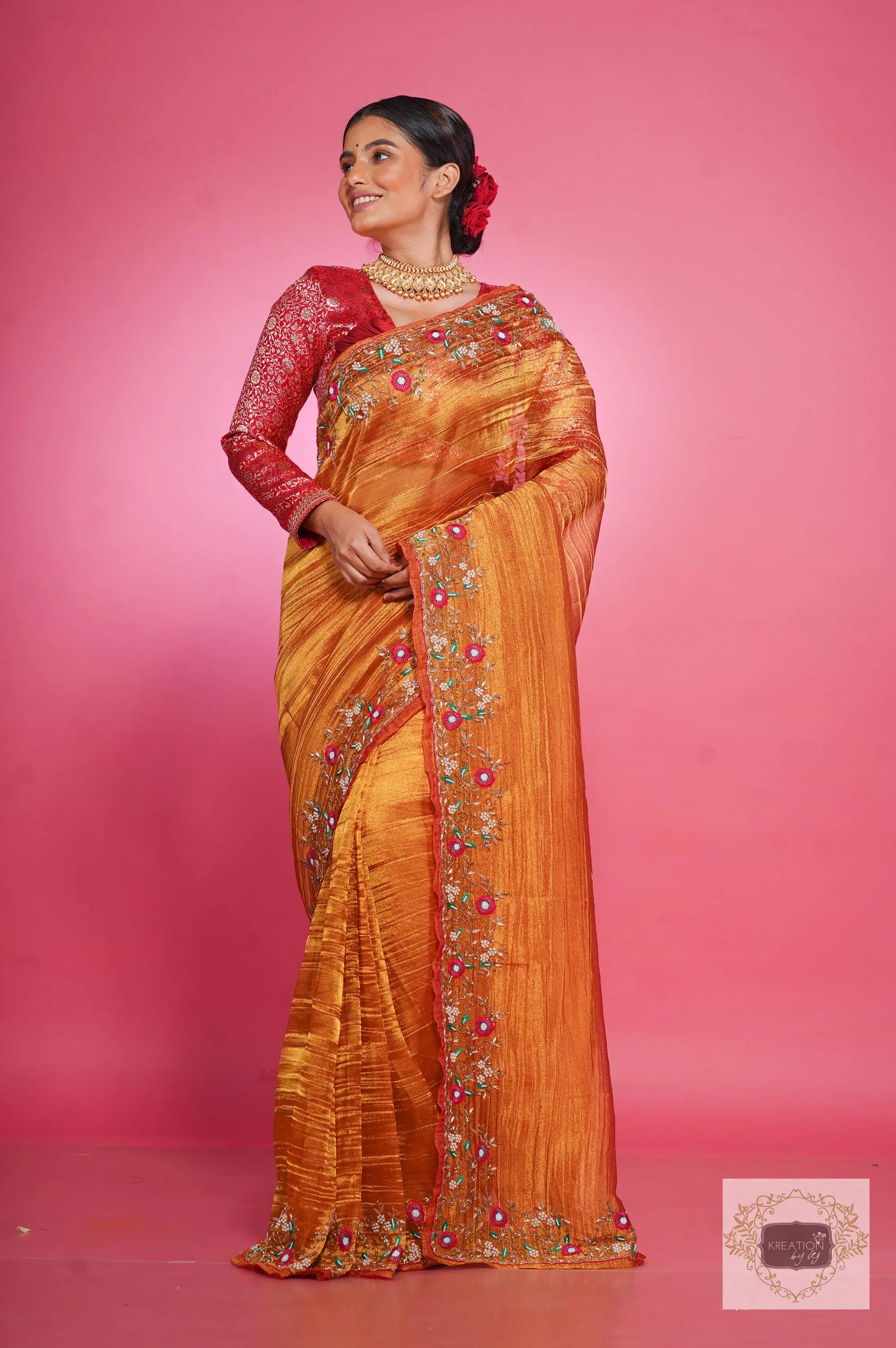 Fiery Gold Zari Tissue Pankhuri Saree kreationbykj