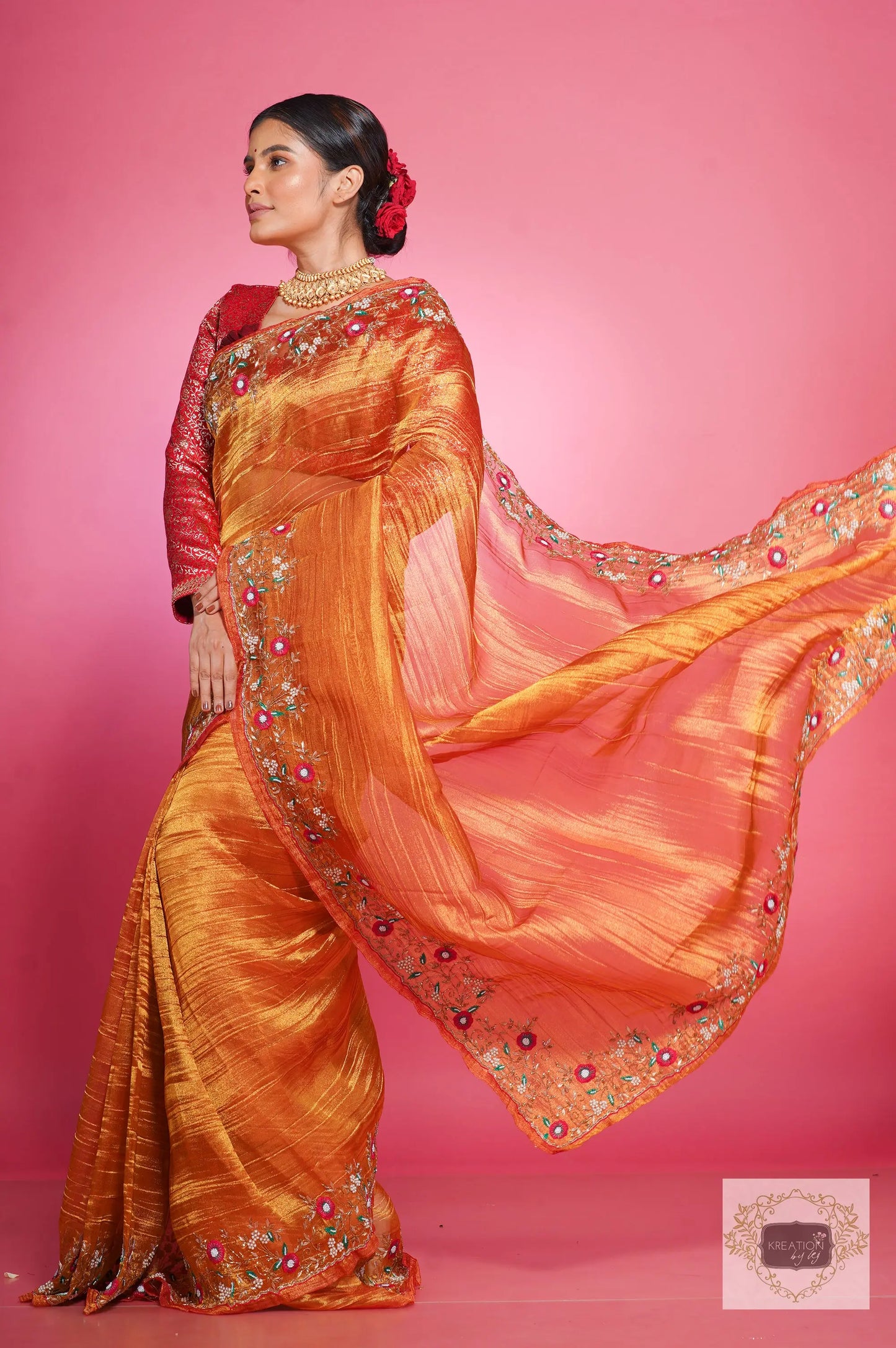 Fiery Gold Zari Tissue Pankhuri Saree kreationbykj