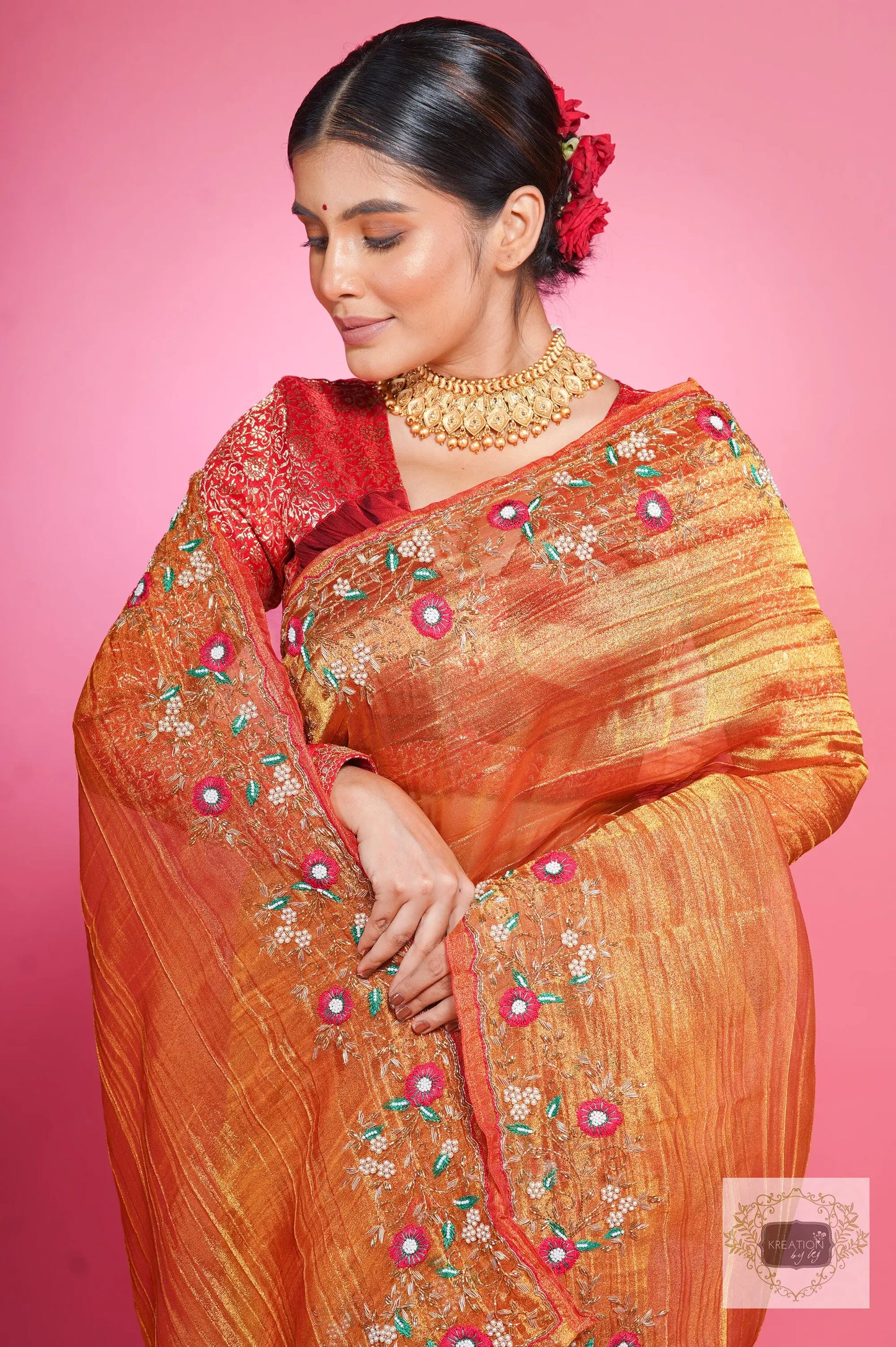 Fiery Gold Zari Tissue Pankhuri Saree kreationbykj
