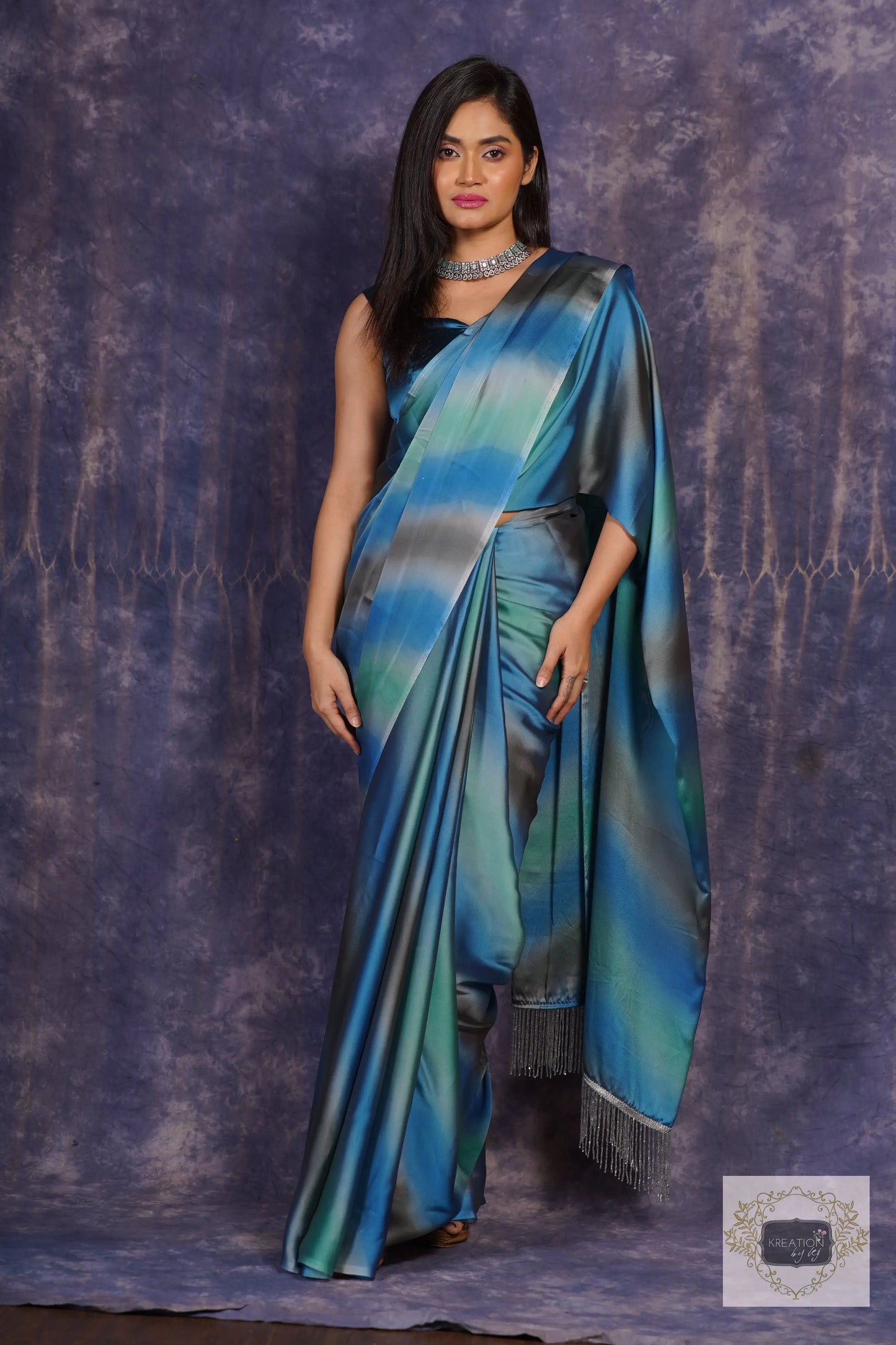 Blue Grottos Ombré Georgette Silk Cocktail Saree kreationbykj
